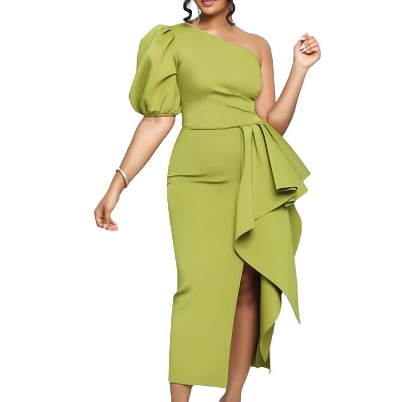 Women's Vintage Church Puff Sleeve Slit Pencil Dress,Off Shoulder Bodycon Work Midi Pencil Dress