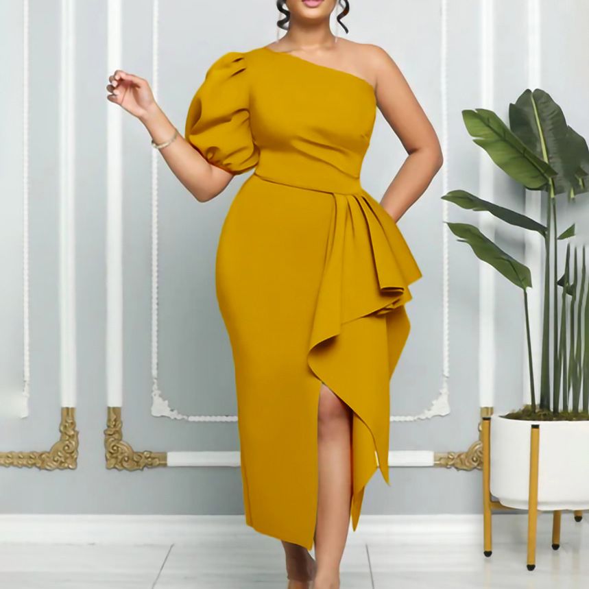 Women's Vintage Church Puff Sleeve Slit Pencil Dress,Off Shoulder Bodycon Work Midi Pencil Dress