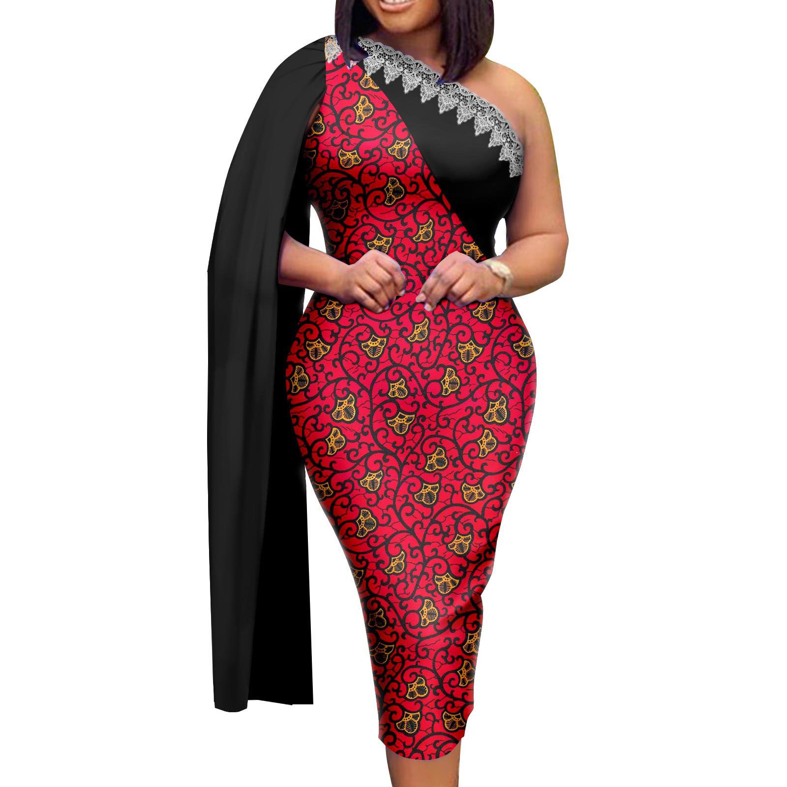 Frican Dresses for Women Single Shoulder Traditional Ankara Kente Print Pencil Skirt for Evening Party Wedding