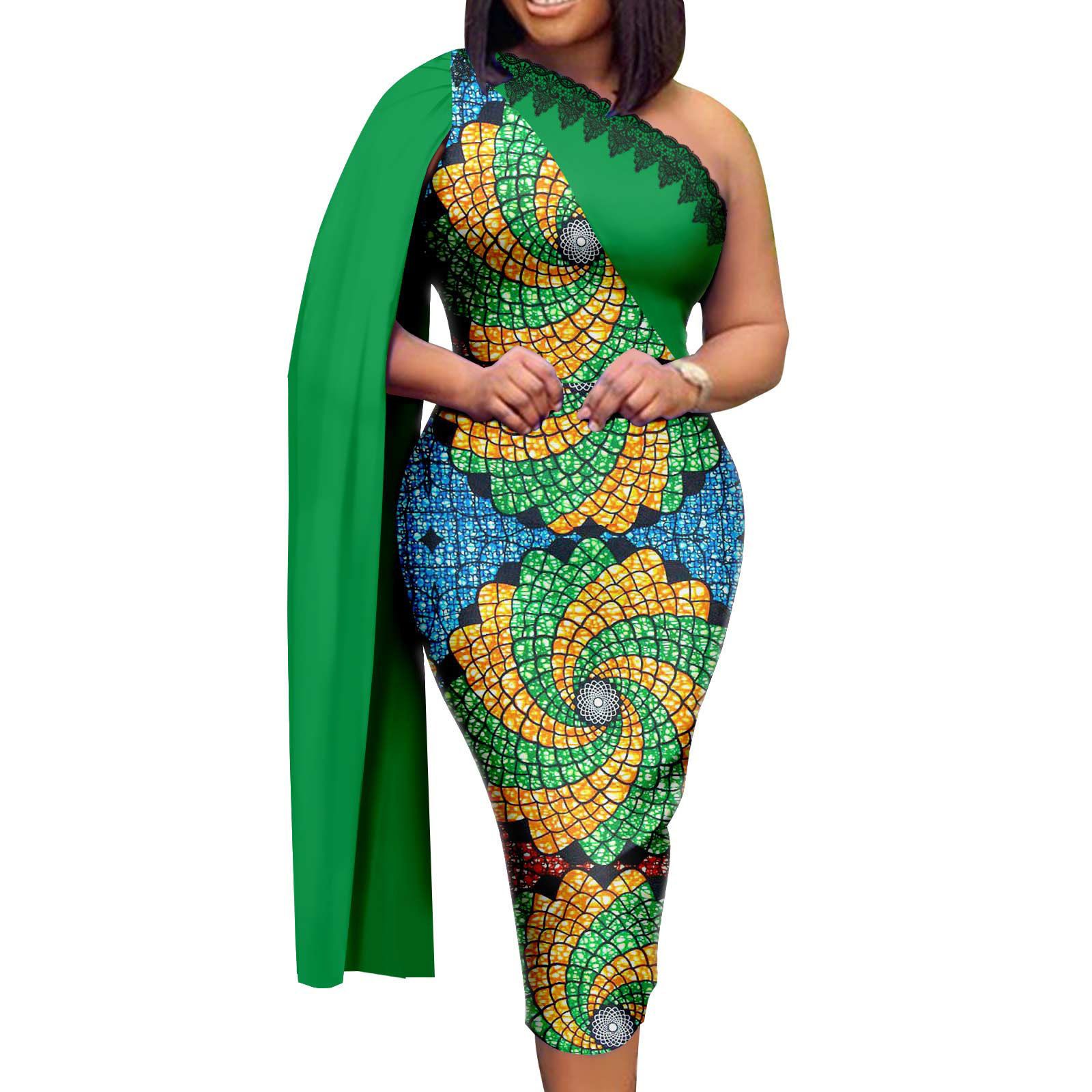 Frican Dresses for Women Single Shoulder Traditional Ankara Kente Print Pencil Skirt for Evening Party Wedding