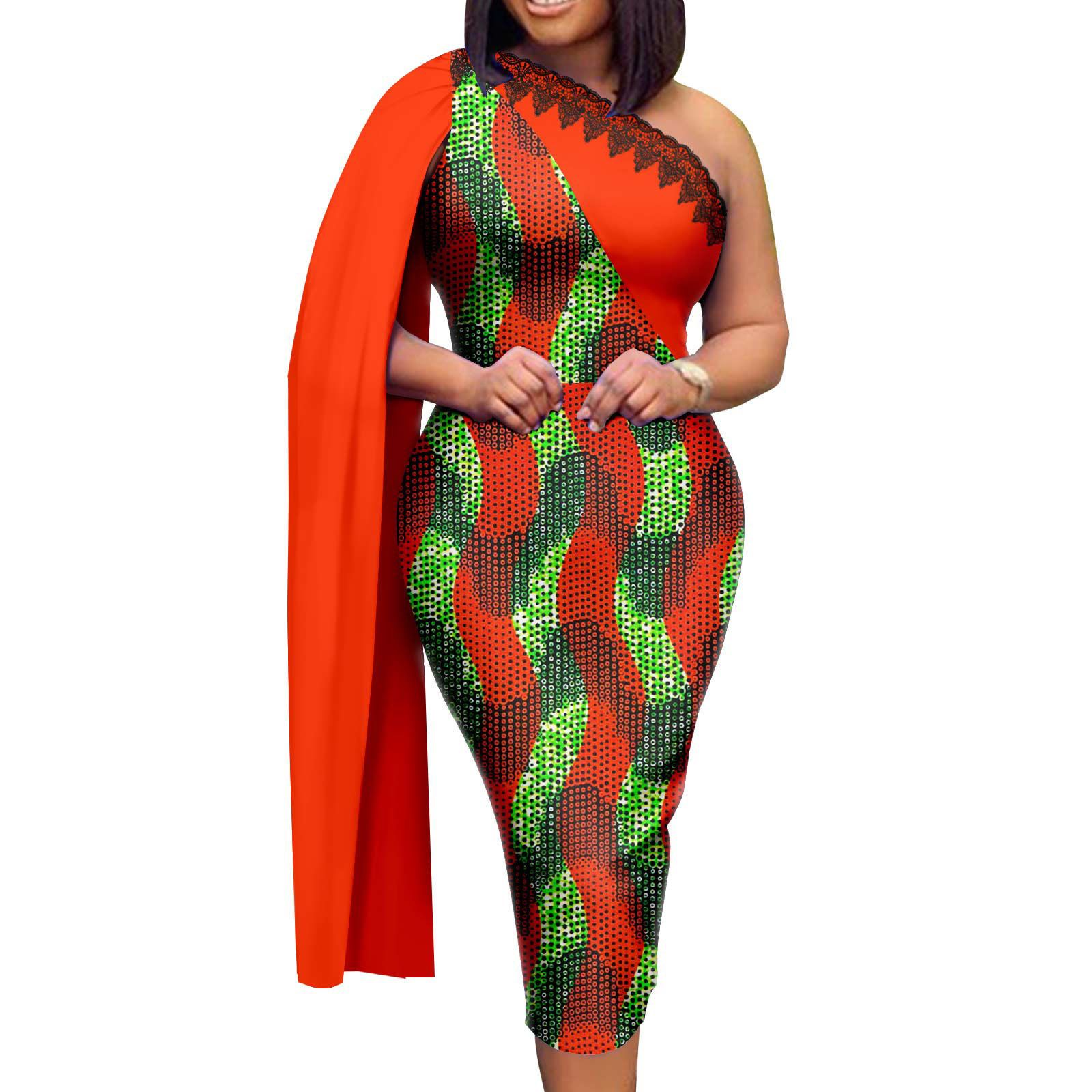 Frican Dresses for Women Single Shoulder Traditional Ankara Kente Print Pencil Skirt for Evening Party Wedding