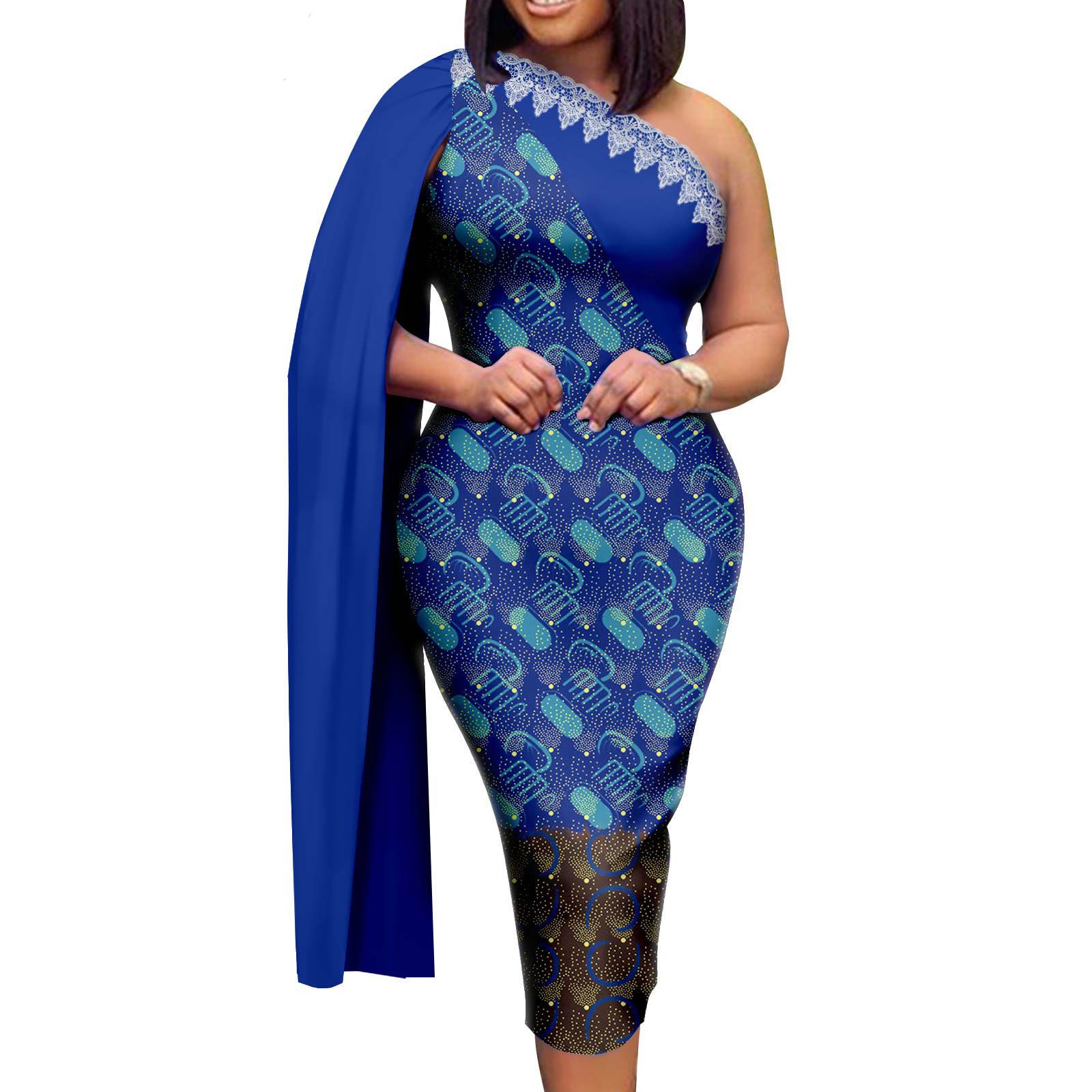 Frican Dresses for Women Single Shoulder Traditional Ankara Kente Print Pencil Skirt for Evening Party Wedding
