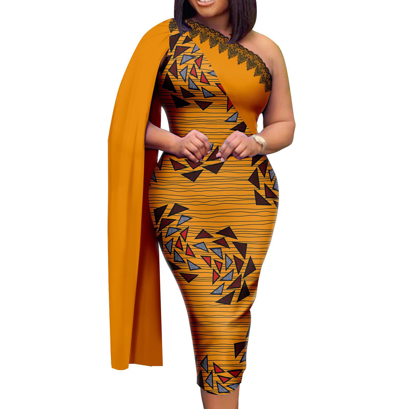 Frican Dresses for Women Single Shoulder Traditional Ankara Kente Print Pencil Skirt for Evening Party Wedding