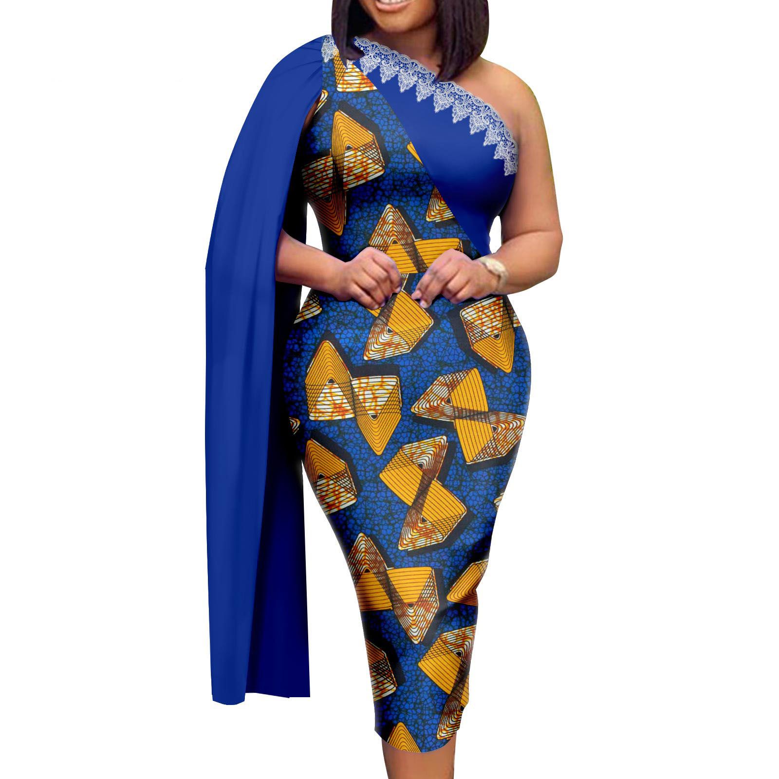Frican Dresses for Women Single Shoulder Traditional Ankara Kente Print Pencil Skirt for Evening Party Wedding