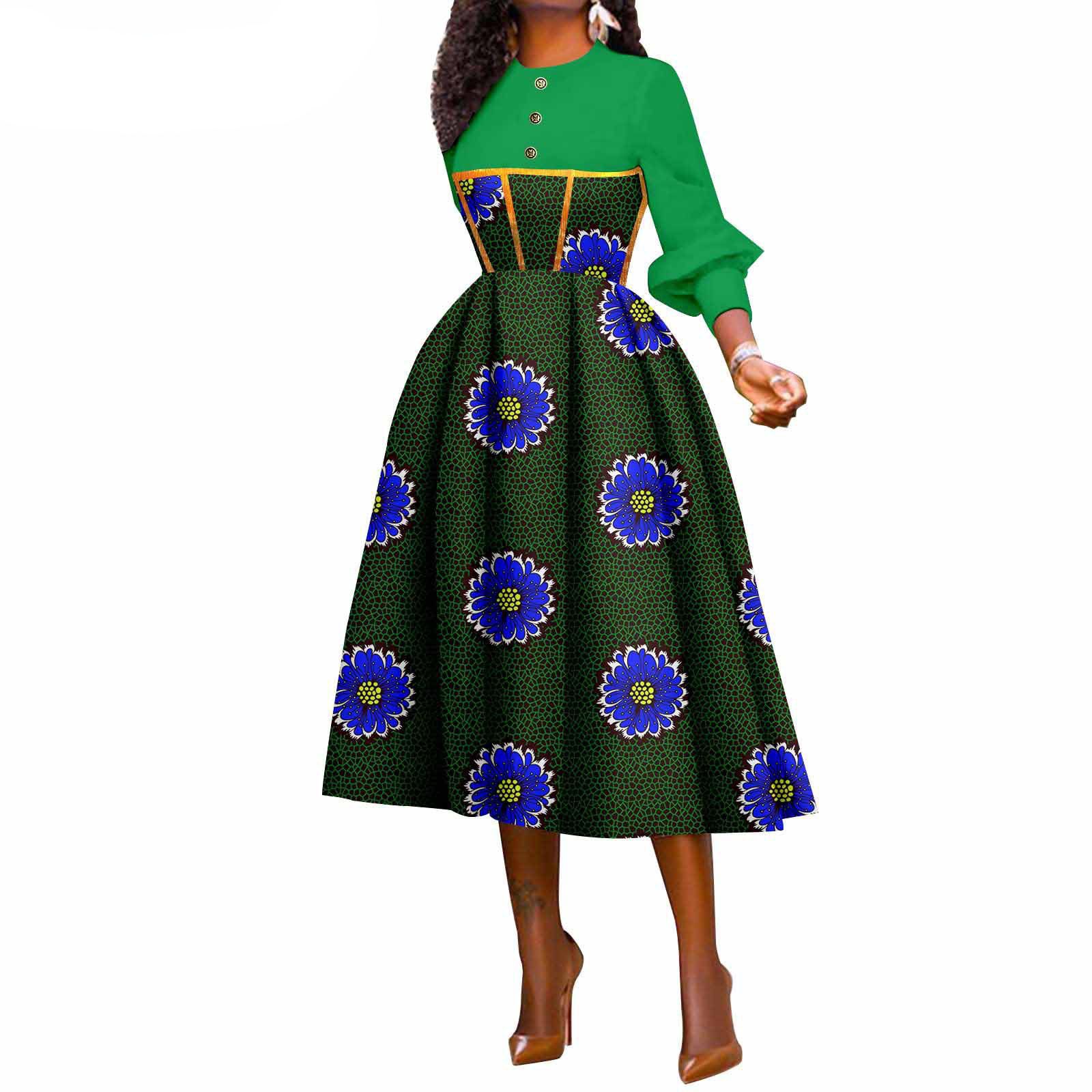 African Wax Print A-Line Swing Dresses for Women Long Sleeve Dashiki Party Dress Ankara Fashion Lady African Traditional Clothes