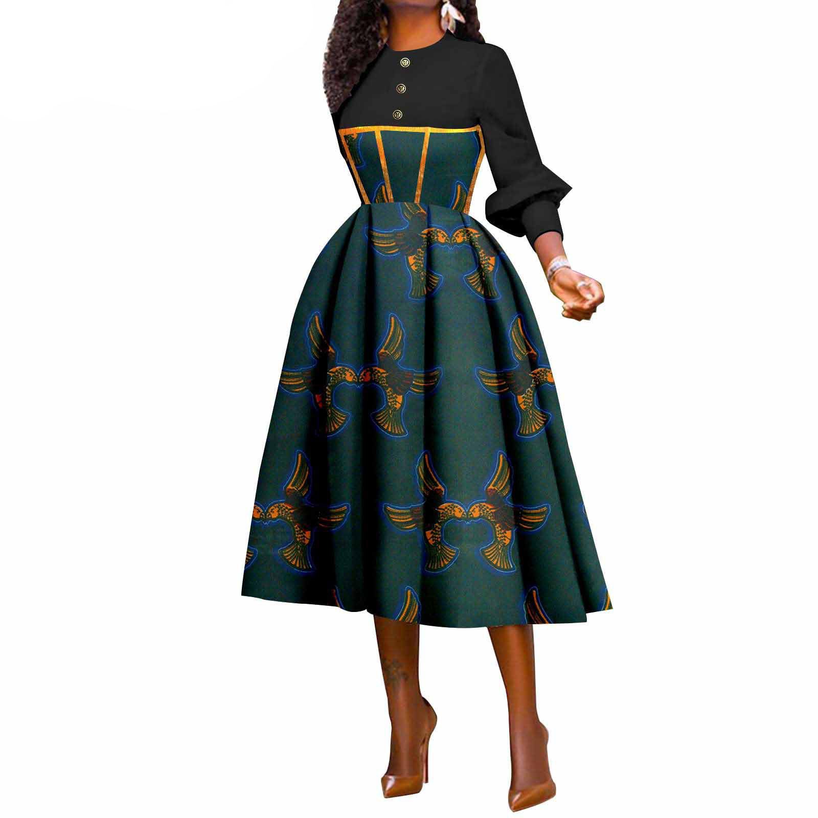 African Wax Print A-Line Swing Dresses for Women Long Sleeve Dashiki Party Dress Ankara Fashion Lady African Traditional Clothes