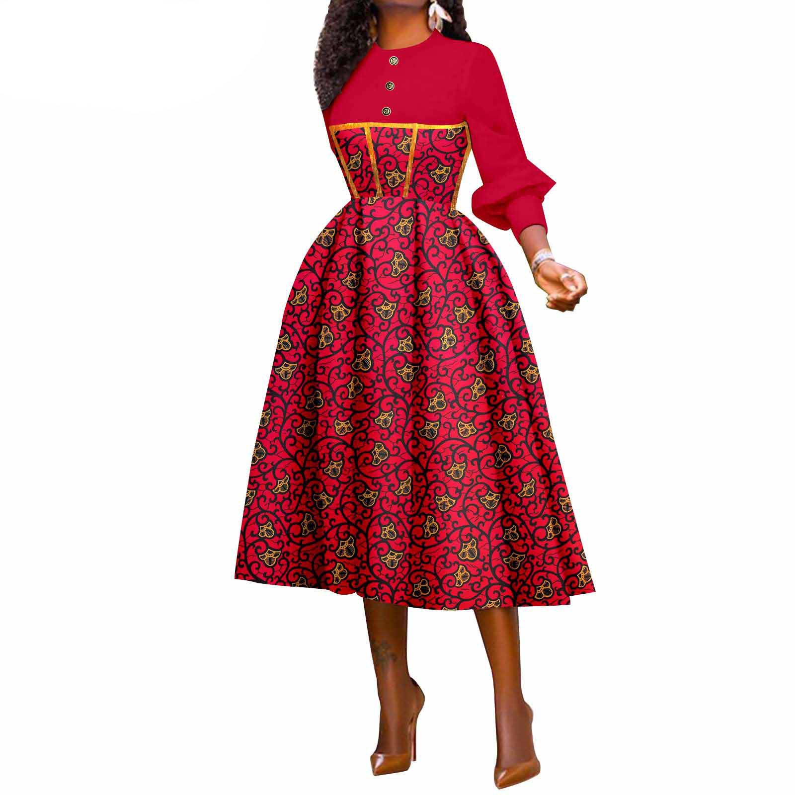 African Wax Print A-Line Swing Dresses for Women Long Sleeve Dashiki Party Dress Ankara Fashion Lady African Traditional Clothes