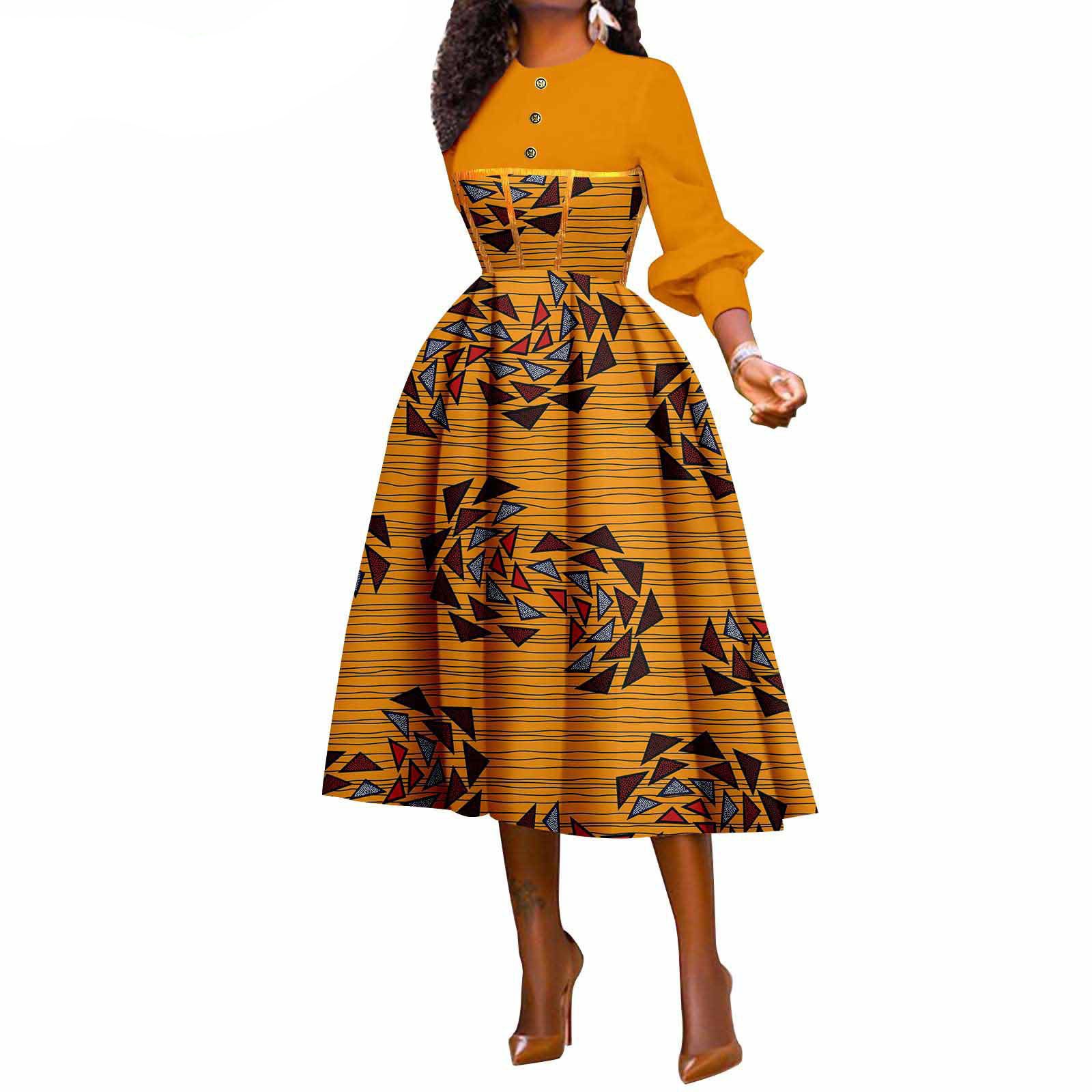 African Wax Print A-Line Swing Dresses for Women Long Sleeve Dashiki Party Dress Ankara Fashion Lady African Traditional Clothes