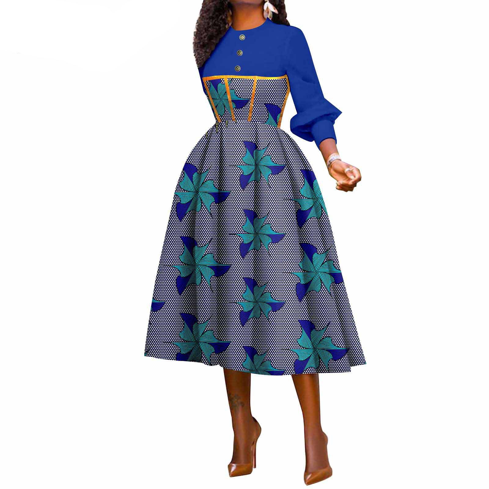 African Wax Print A-Line Swing Dresses for Women Long Sleeve Dashiki Party Dress Ankara Fashion Lady African Traditional Clothes