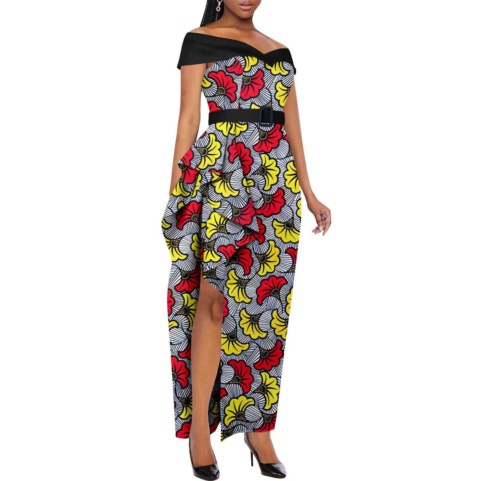 Dashiki Party Dresses Fashion Robe African Ankara Floral Print Maxi Long Strapless Dress for Women