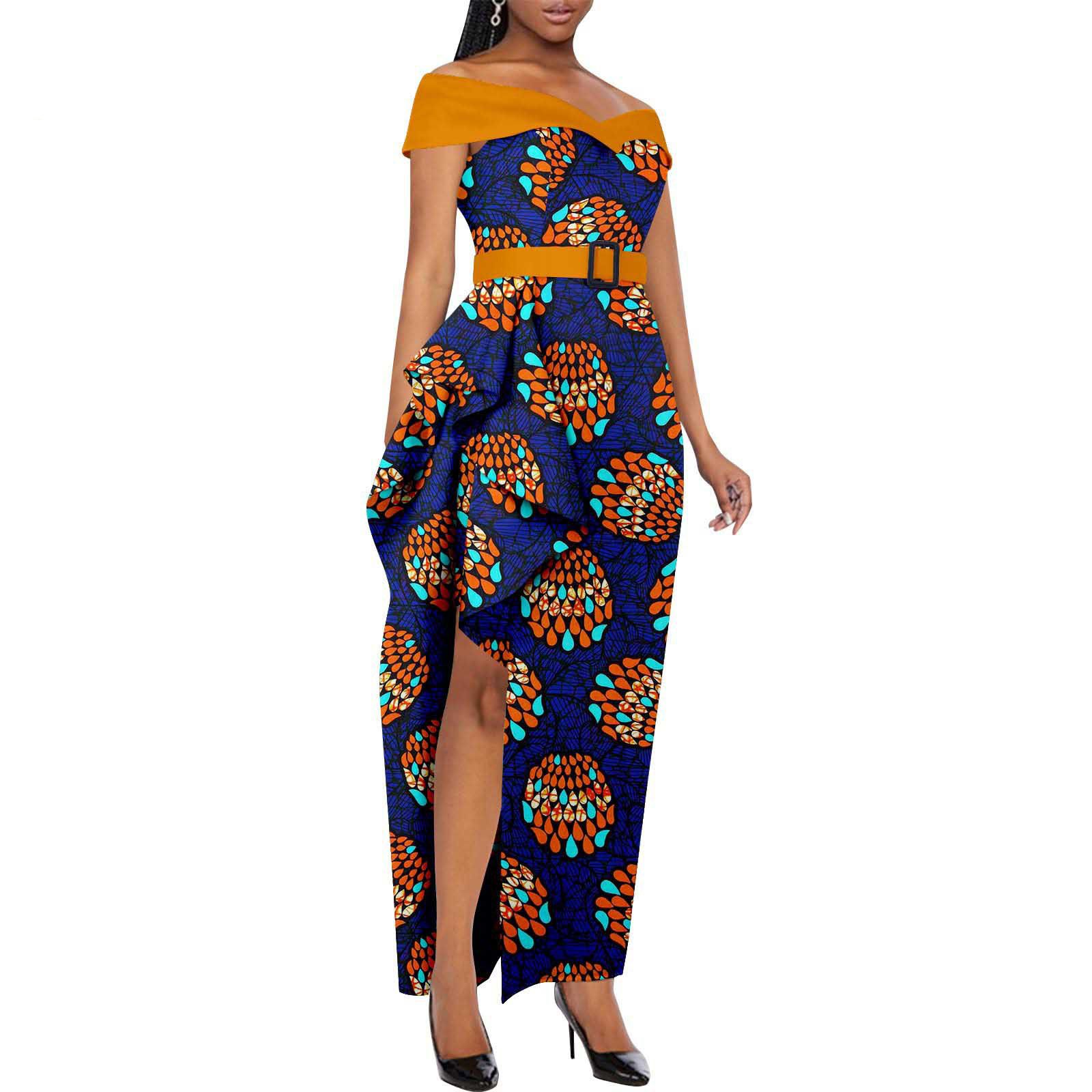 Dashiki Party Dresses Fashion Robe African Ankara Floral Print Maxi Long Strapless Dress for Women