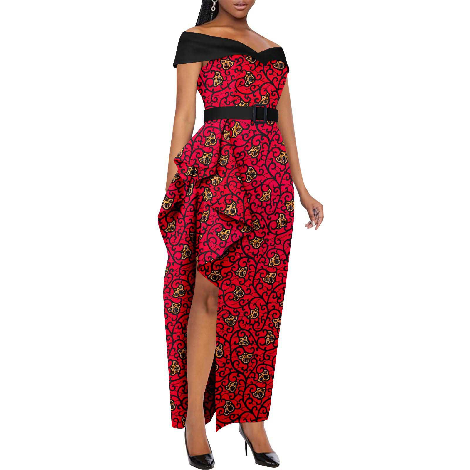 Dashiki Party Dresses Fashion Robe African Ankara Floral Print Maxi Long Strapless Dress for Women