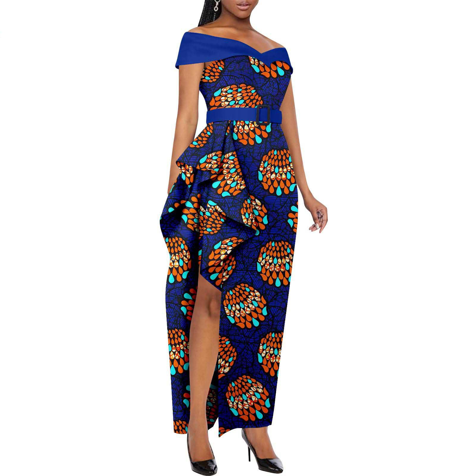 Dashiki Party Dresses Fashion Robe African Ankara Floral Print Maxi Long Strapless Dress for Women
