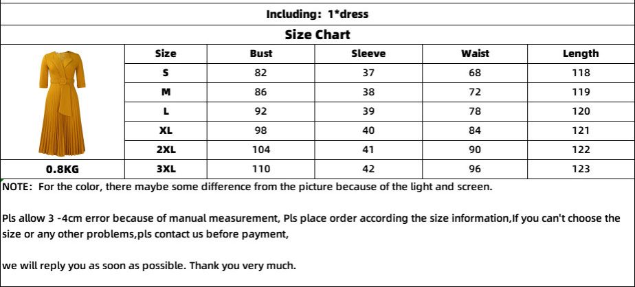 Women's Notch Lapel Plain Dresses,Three-quarter Sleeves Causal Midi Dresses,Casual Belted Pleated Dresses