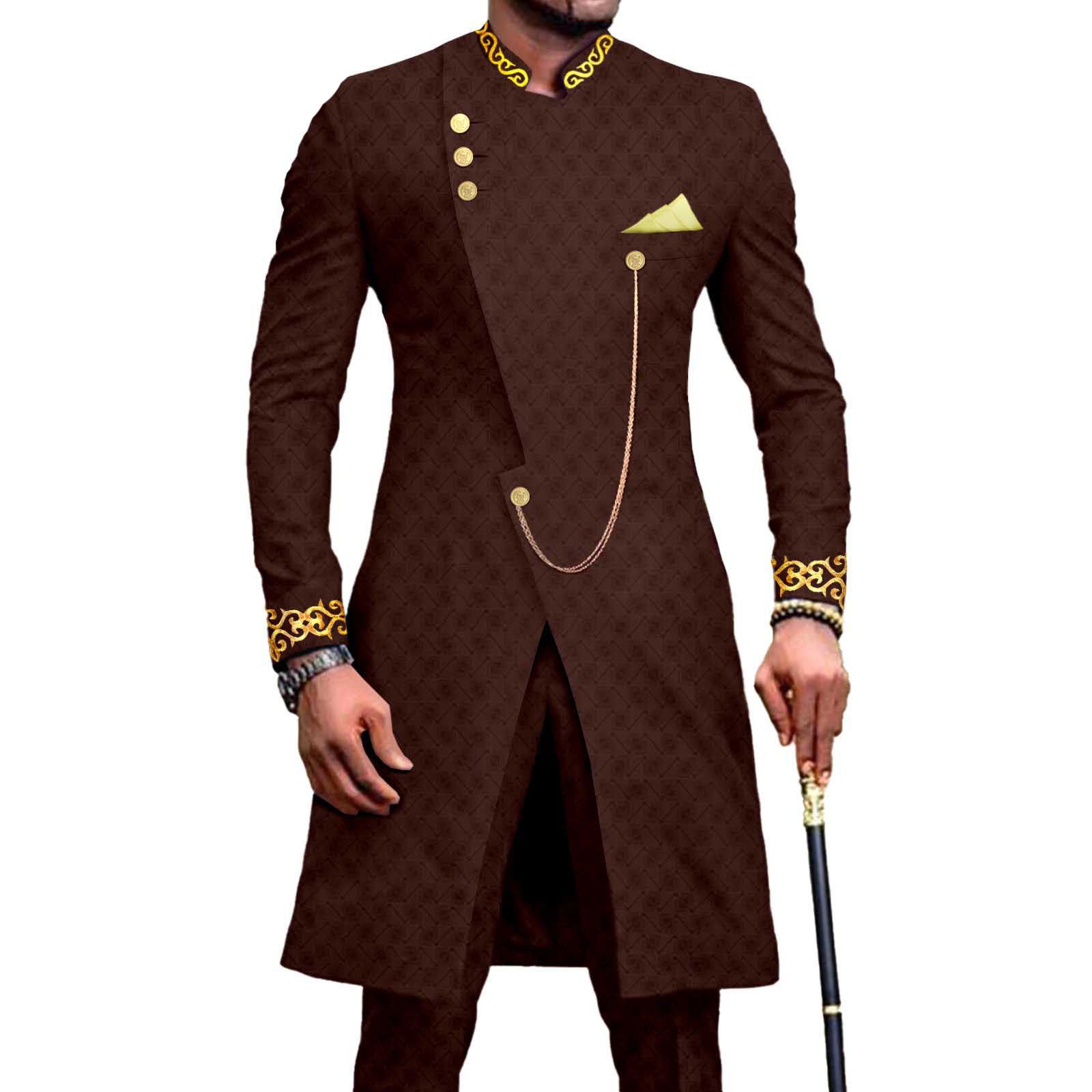African Suits for Men Dashiki Embroidery Jackets and Pants 2 Piece Set Slim Fit Formal Outfits Wedding