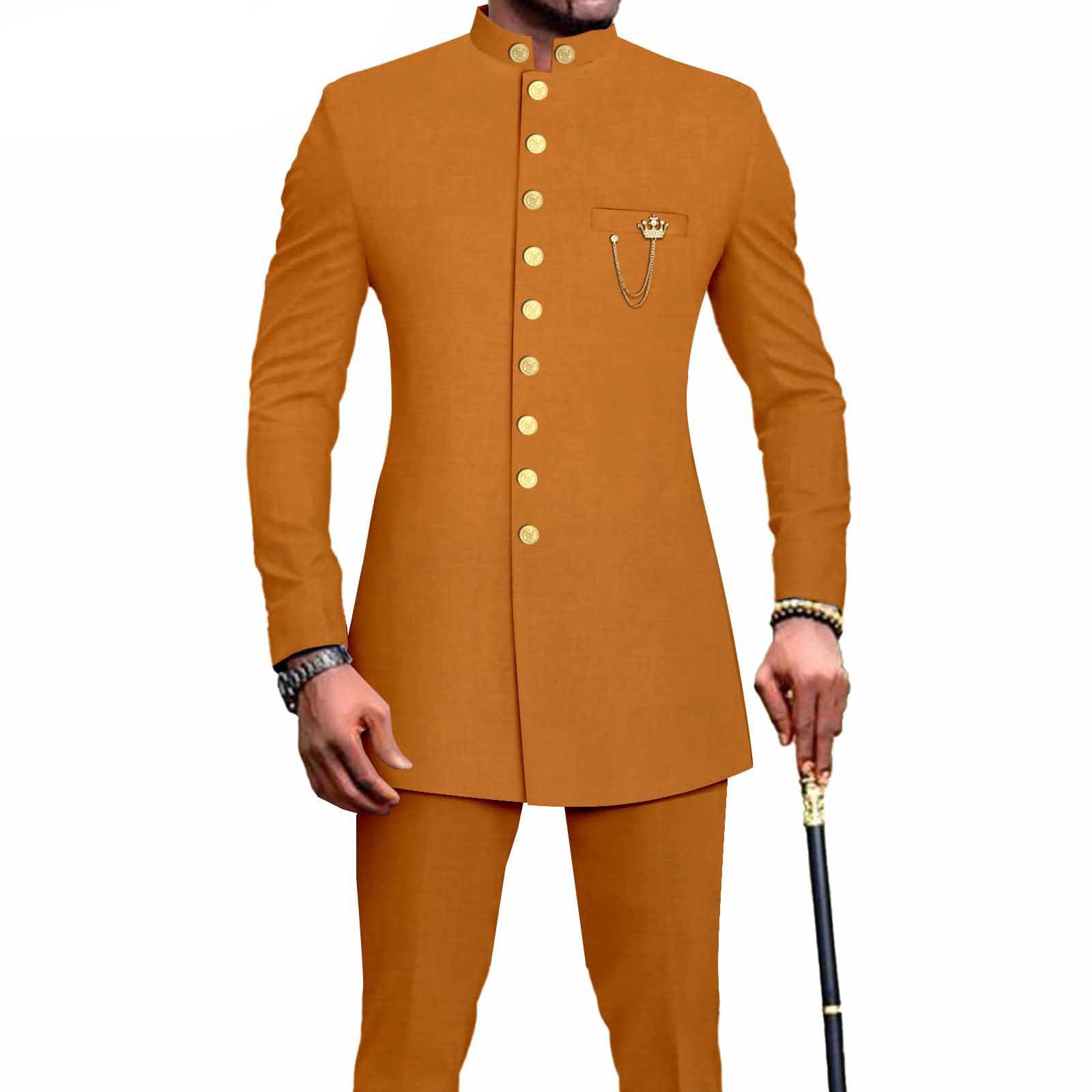 PRIVATE CUSTOM  African Suits for Men Single Breasted Embroidery Jacket and Pants 2 Pieces Set Formal Outfits