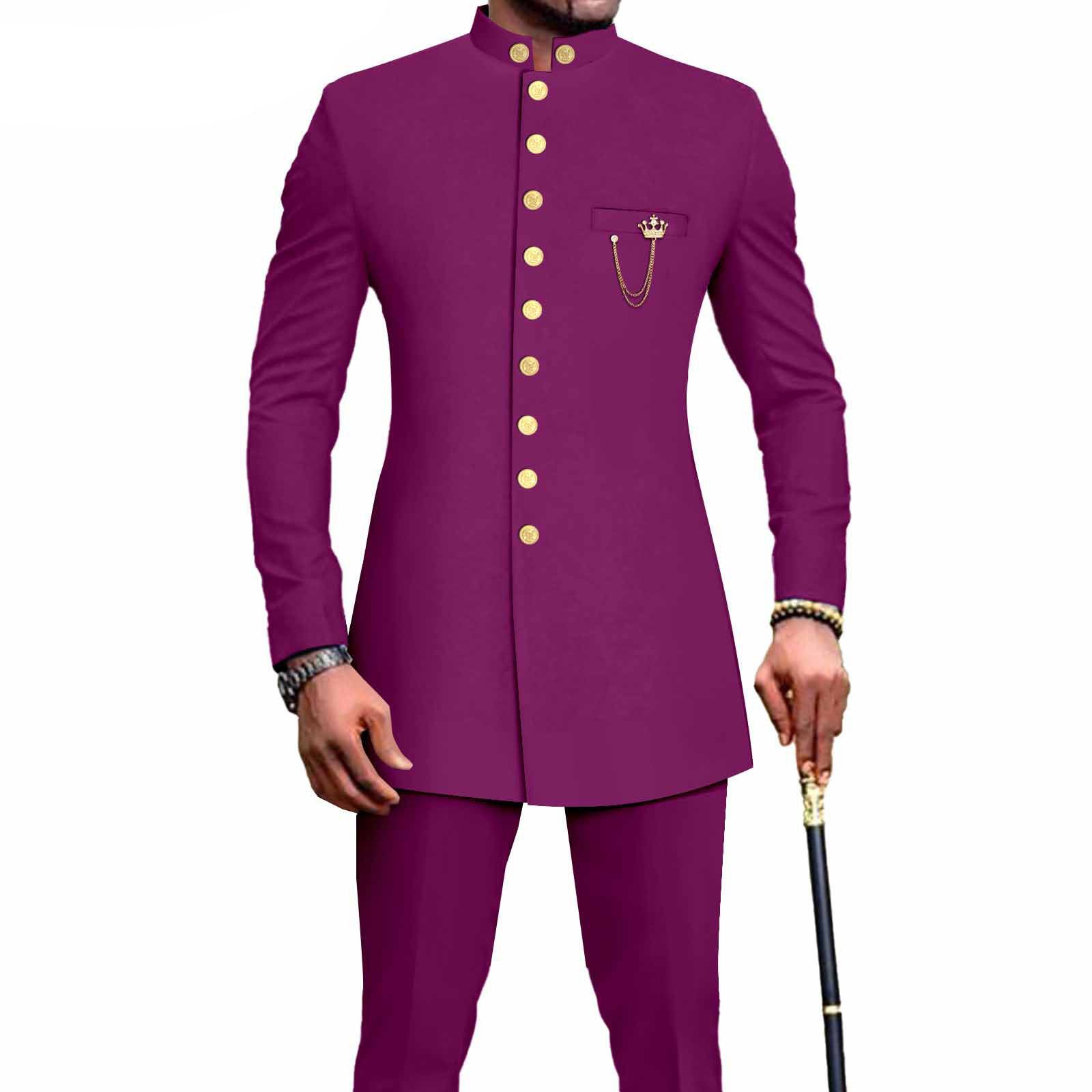 PRIVATE CUSTOM  African Suits for Men Single Breasted Embroidery Jacket and Pants 2 Pieces Set Formal Outfits