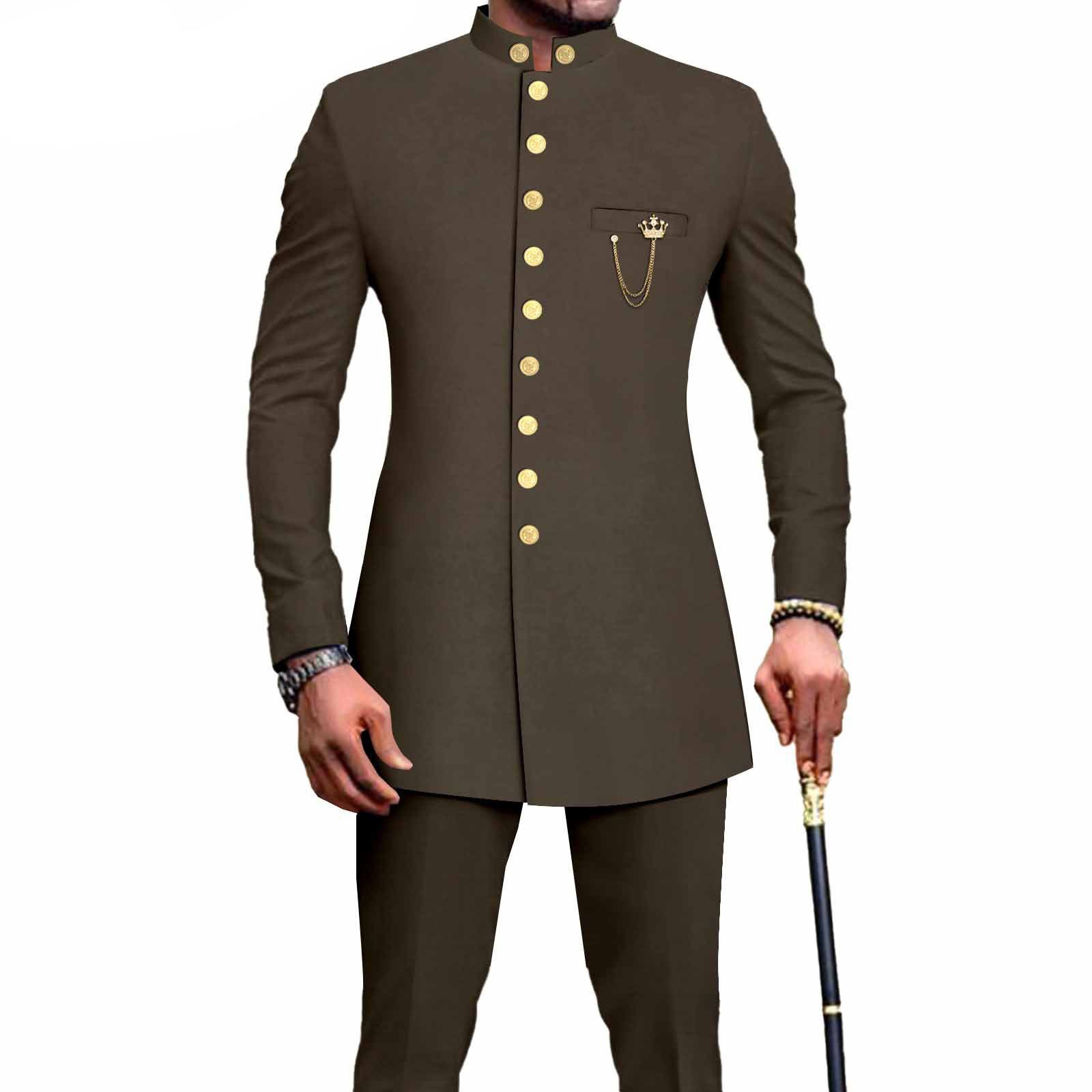 PRIVATE CUSTOM  African Suits for Men Single Breasted Embroidery Jacket and Pants 2 Pieces Set Formal Outfits