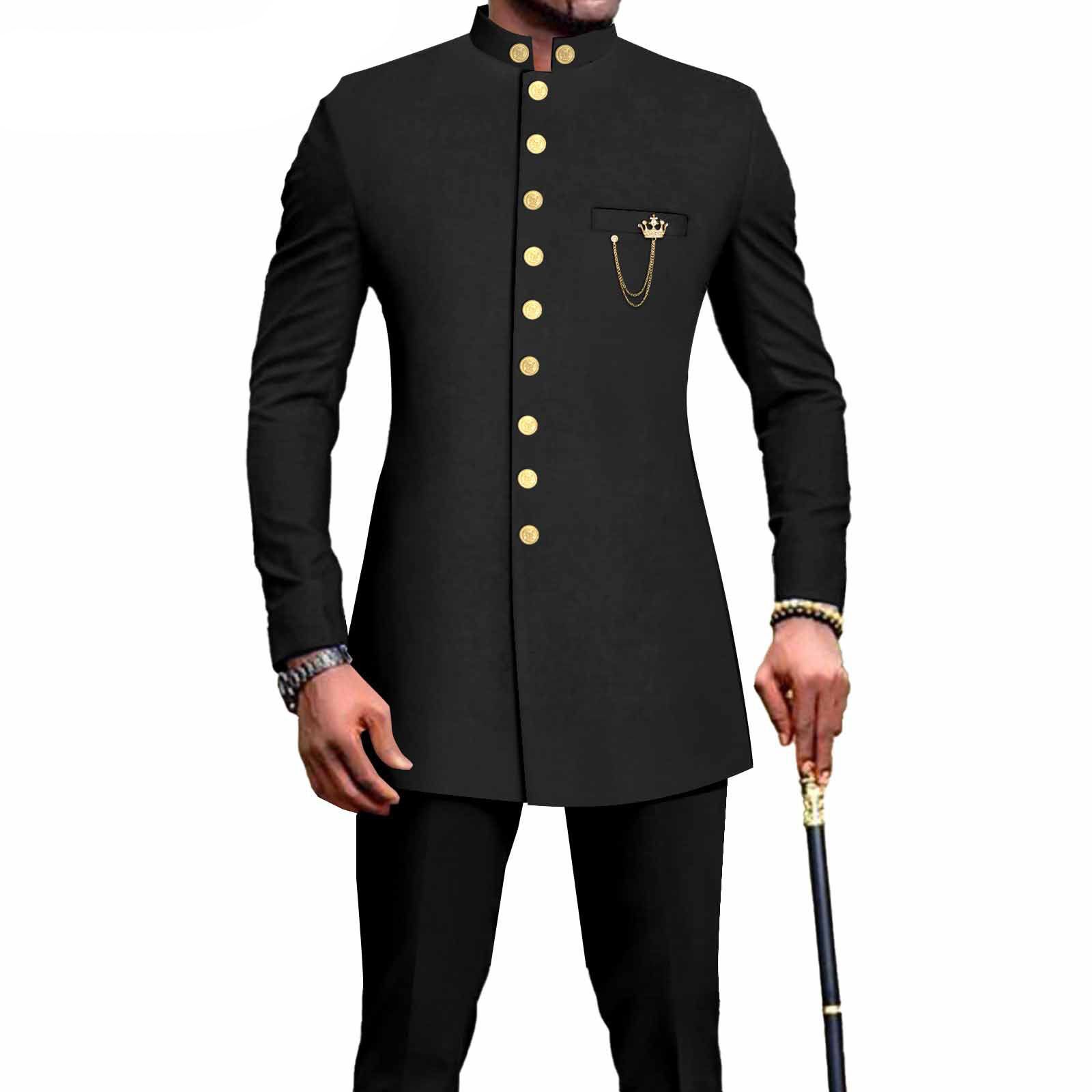 PRIVATE CUSTOM  African Suits for Men Single Breasted Embroidery Jacket and Pants 2 Pieces Set Formal Outfits