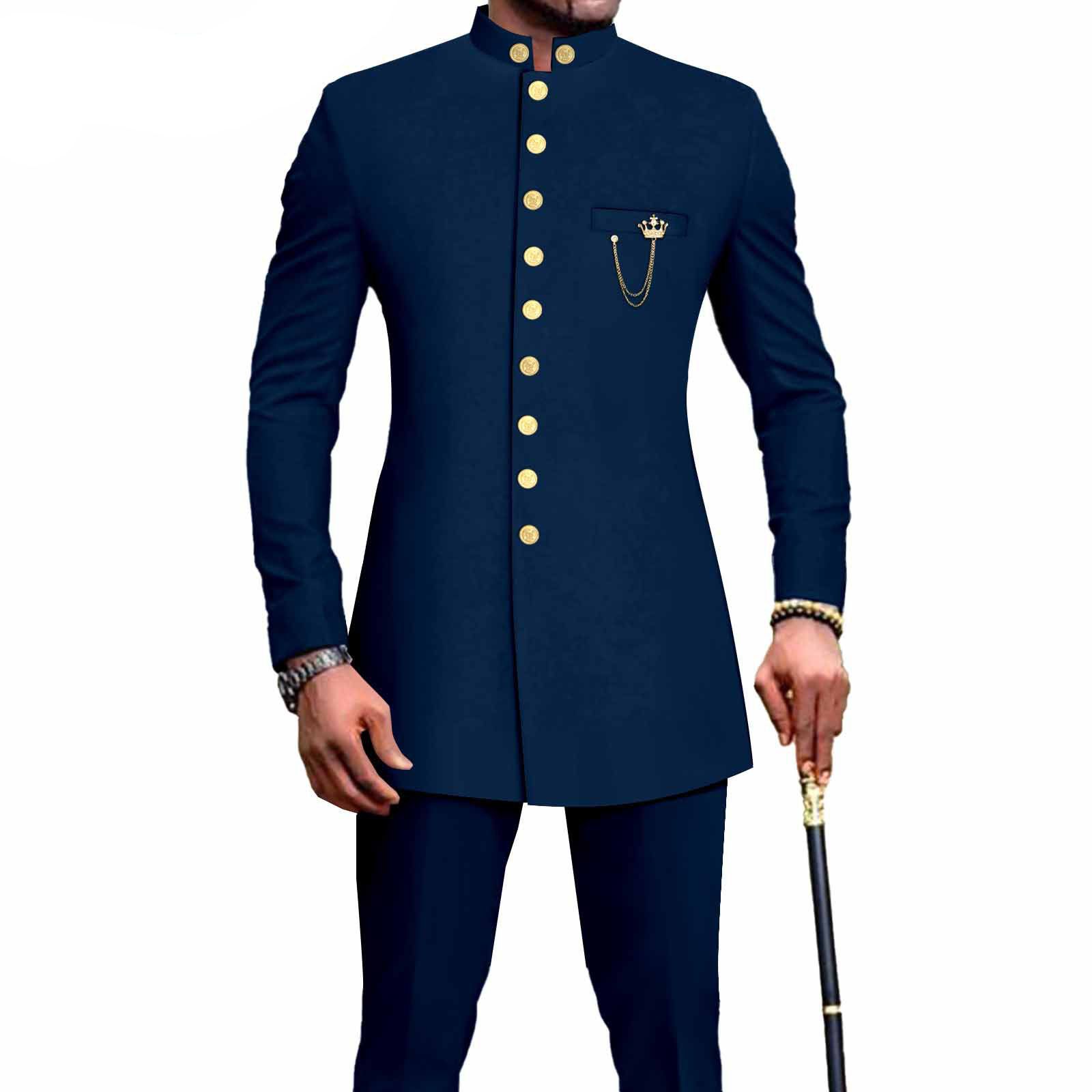 PRIVATE CUSTOM  African Suits for Men Single Breasted Embroidery Jacket and Pants 2 Pieces Set Formal Outfits