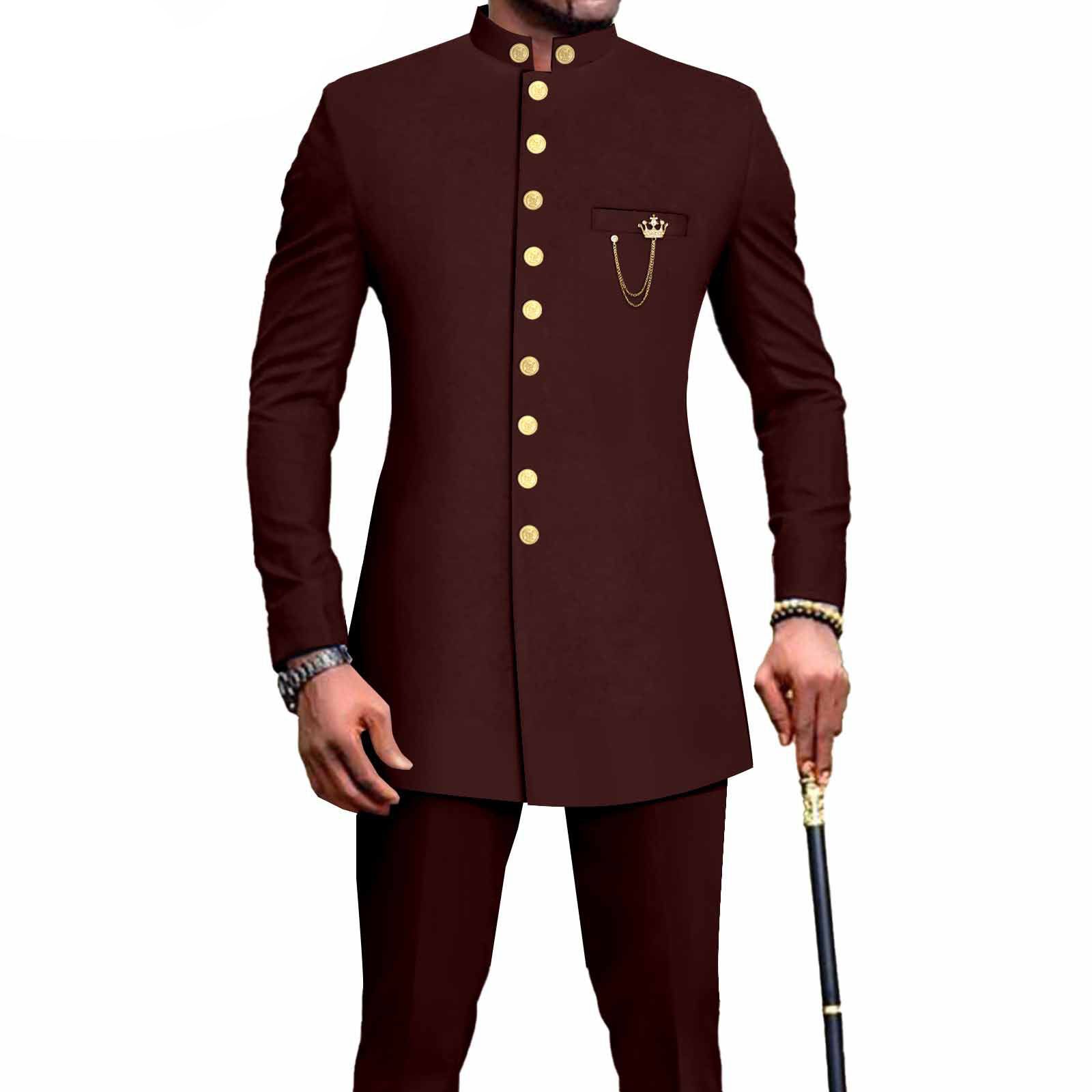 PRIVATE CUSTOM  African Suits for Men Single Breasted Embroidery Jacket and Pants 2 Pieces Set Formal Outfits
