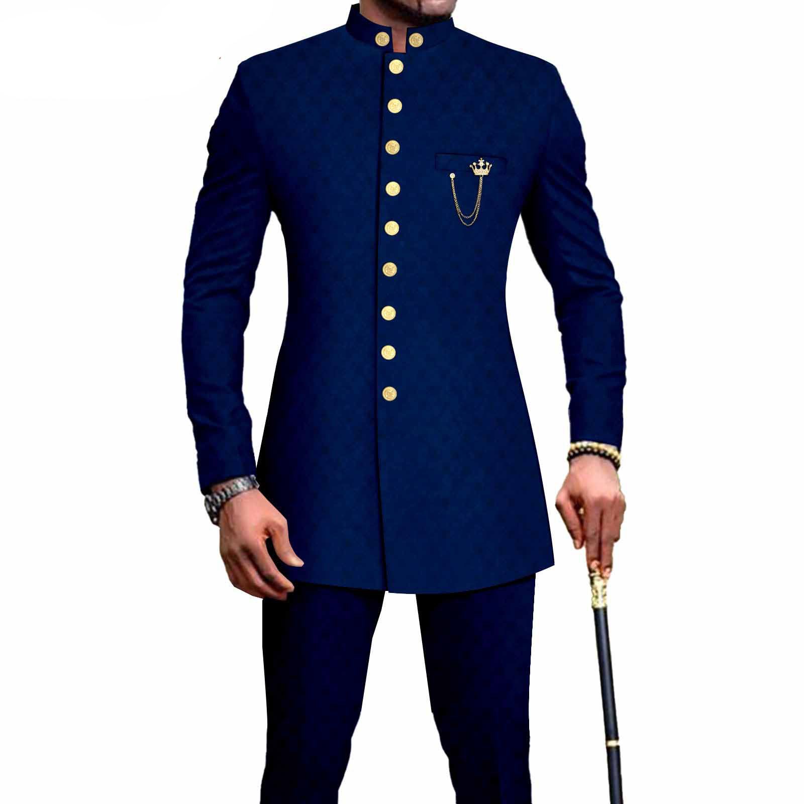 PRIVATE CUSTOM  African Suits for Men Single Breasted Embroidery Jacket and Pants 2 Pieces Set Formal Outfits