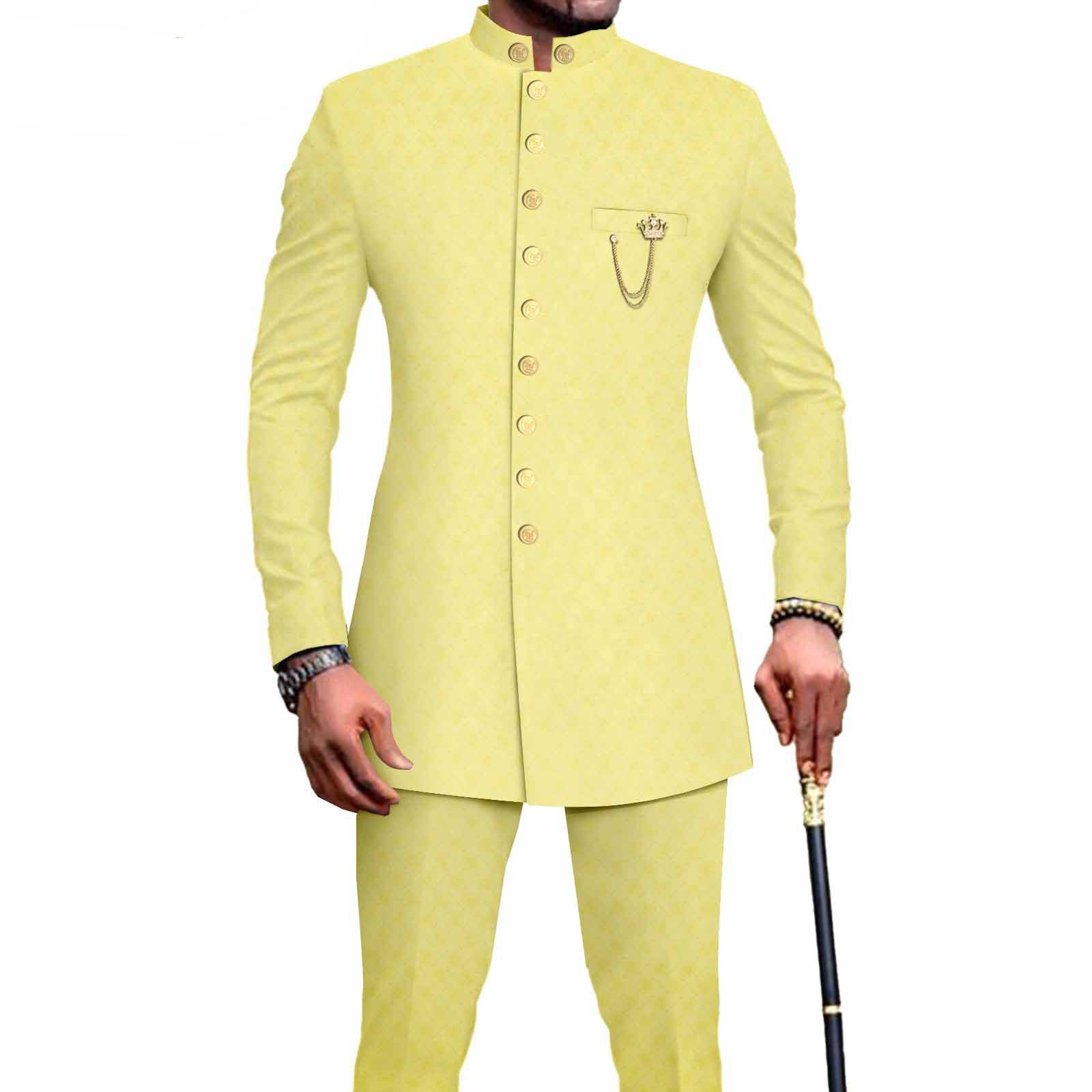PRIVATE CUSTOM  African Suits for Men Single Breasted Embroidery Jacket and Pants 2 Pieces Set Formal Outfits