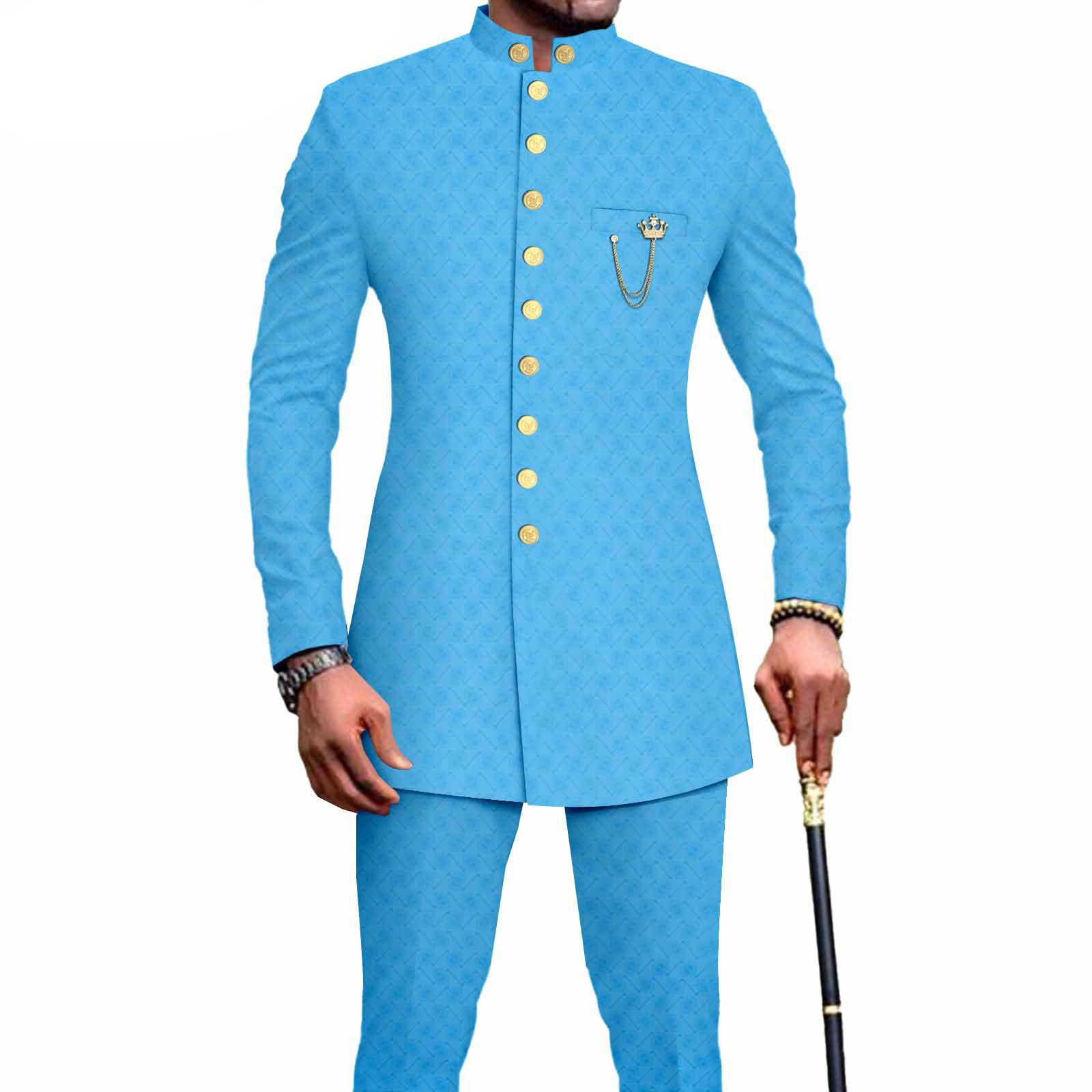 PRIVATE CUSTOM  African Suits for Men Single Breasted Embroidery Jacket and Pants 2 Pieces Set Formal Outfits