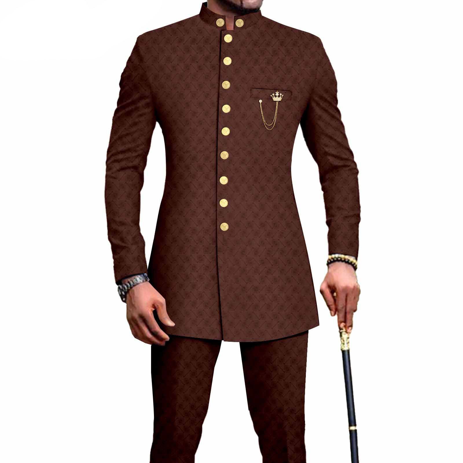 PRIVATE CUSTOM  African Suits for Men Single Breasted Embroidery Jacket and Pants 2 Pieces Set Formal Outfits