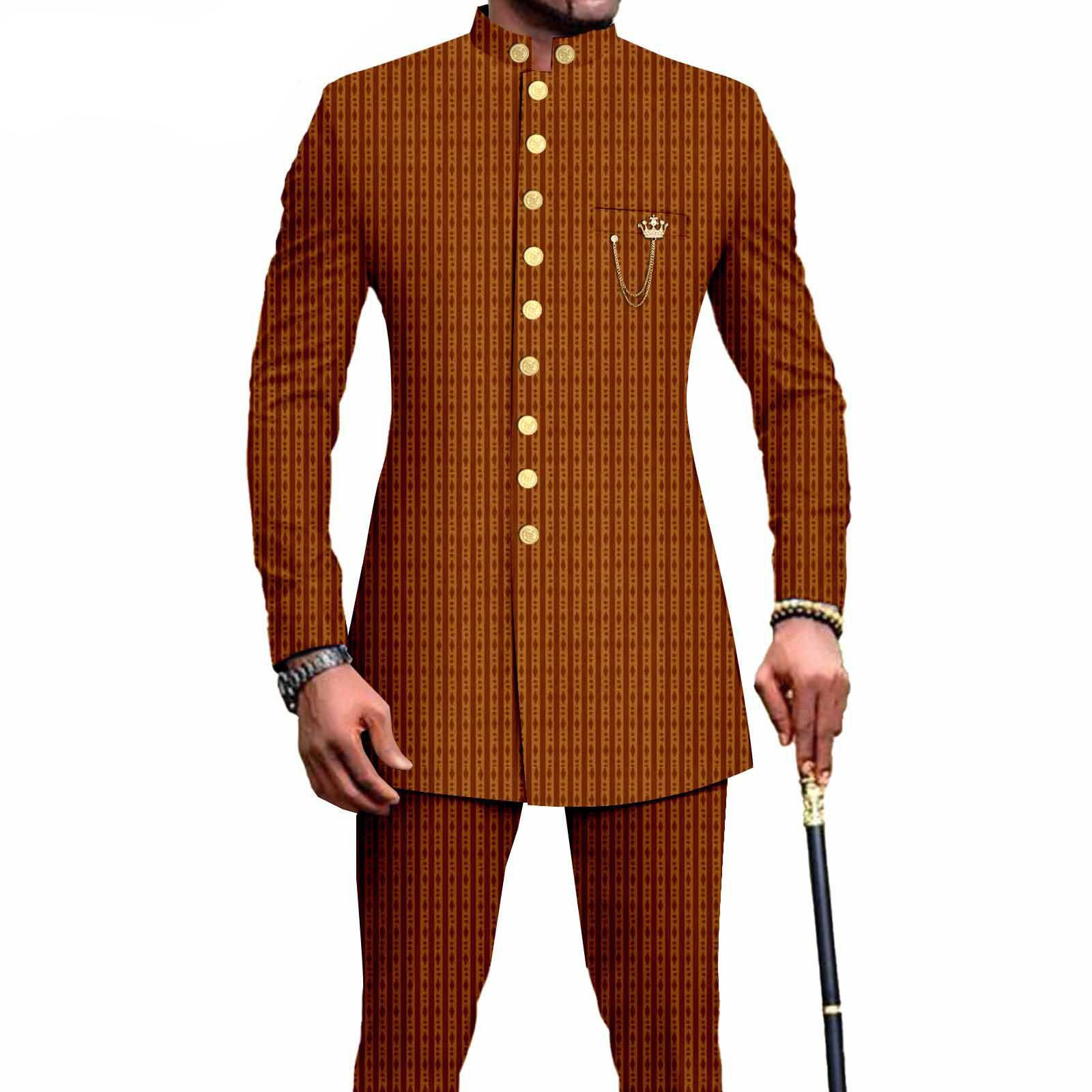 PRIVATE CUSTOM  African Suits for Men Single Breasted Embroidery Jacket and Pants 2 Pieces Set Formal Outfits