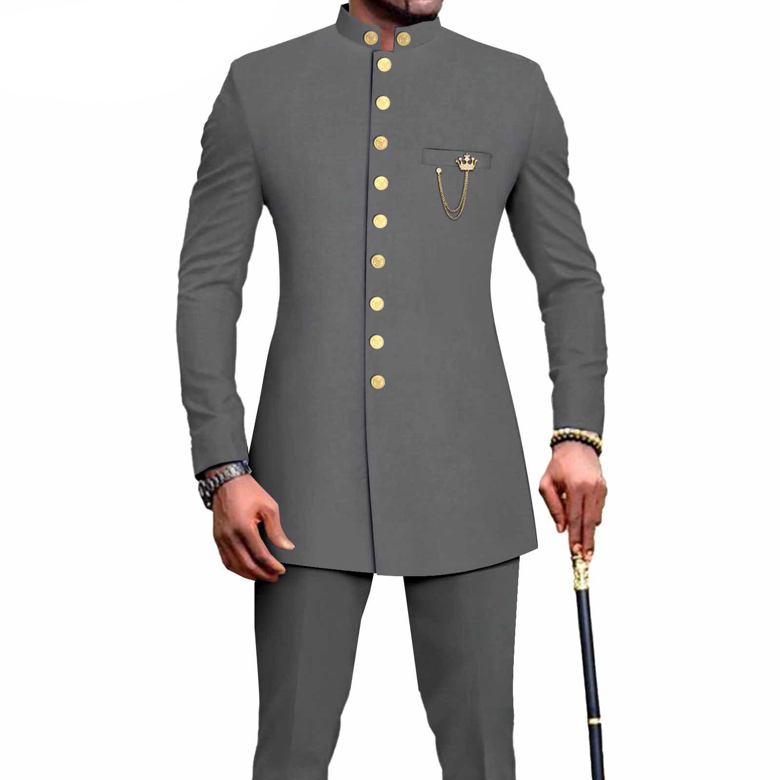 PRIVATE CUSTOM  African Suits for Men Single Breasted Embroidery Jacket and Pants 2 Pieces Set Formal Outfits