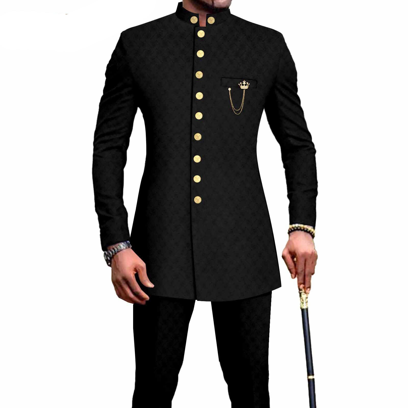 PRIVATE CUSTOM  African Suits for Men Single Breasted Embroidery Jacket and Pants 2 Pieces Set Formal Outfits