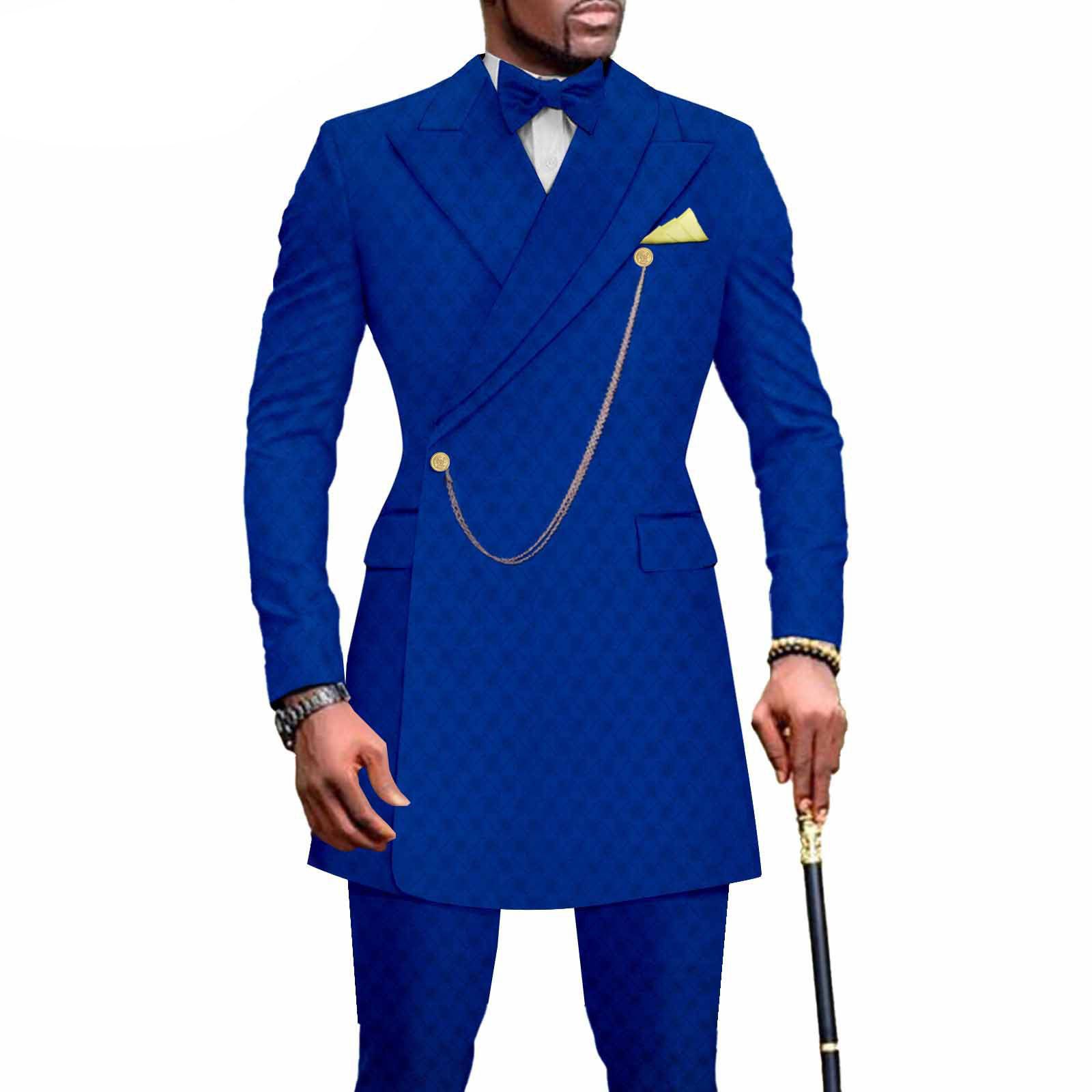 PLUS SIZE Men`s Suit Slim Fit Embroidery Gold Chain Single Breasted Print Blazer and Trousers Set African Clothes
