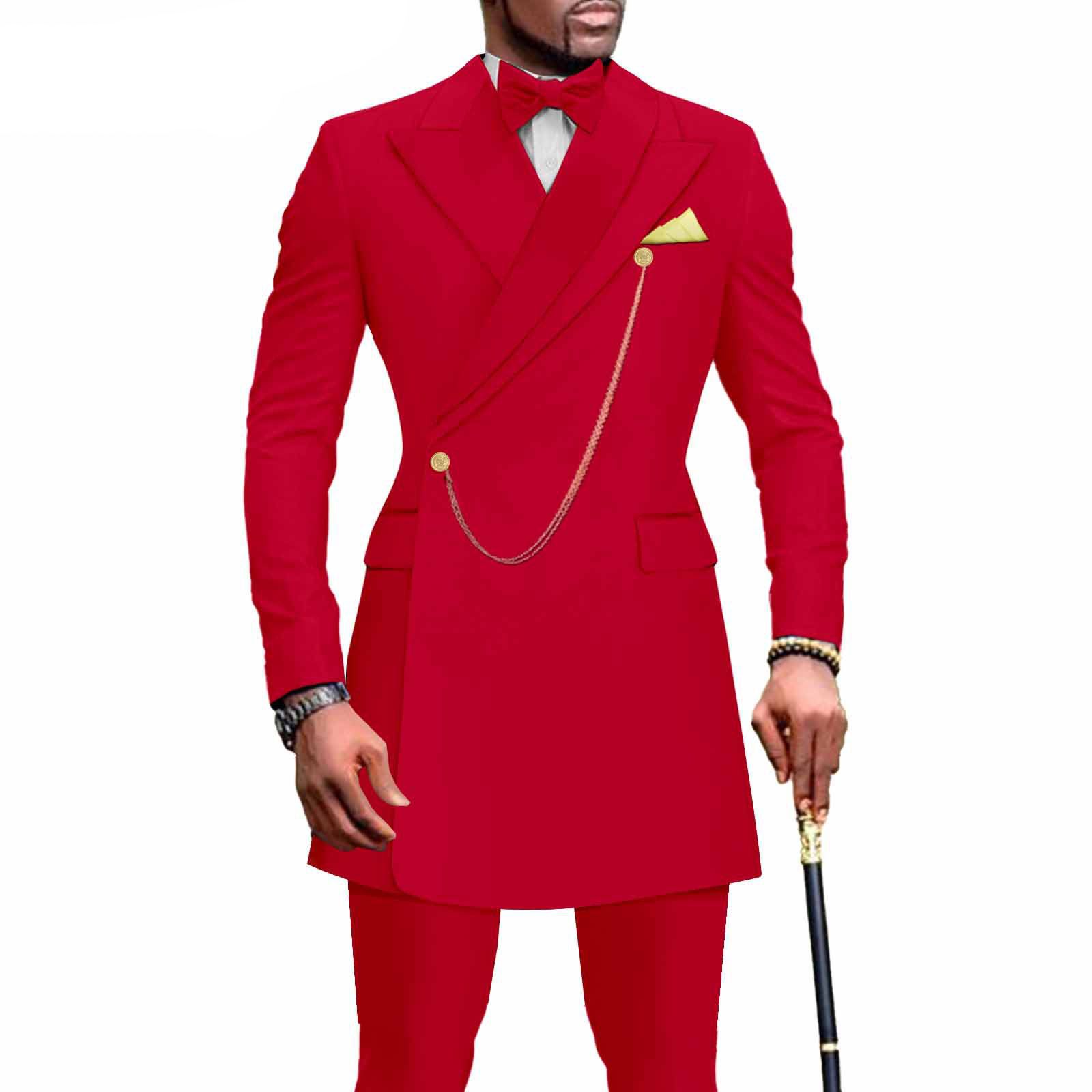 PLUS SIZE Men`s Suit Slim Fit Embroidery Gold Chain Single Breasted Print Blazer and Trousers Set African Clothes