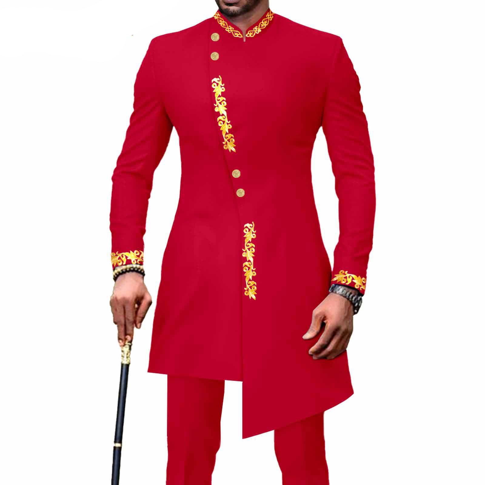 PRIVATE CUSTOM Men`s Bussiness Suit African Clothes Single Breasted Embroidery Print Blazer and Pants 2 Piece Set