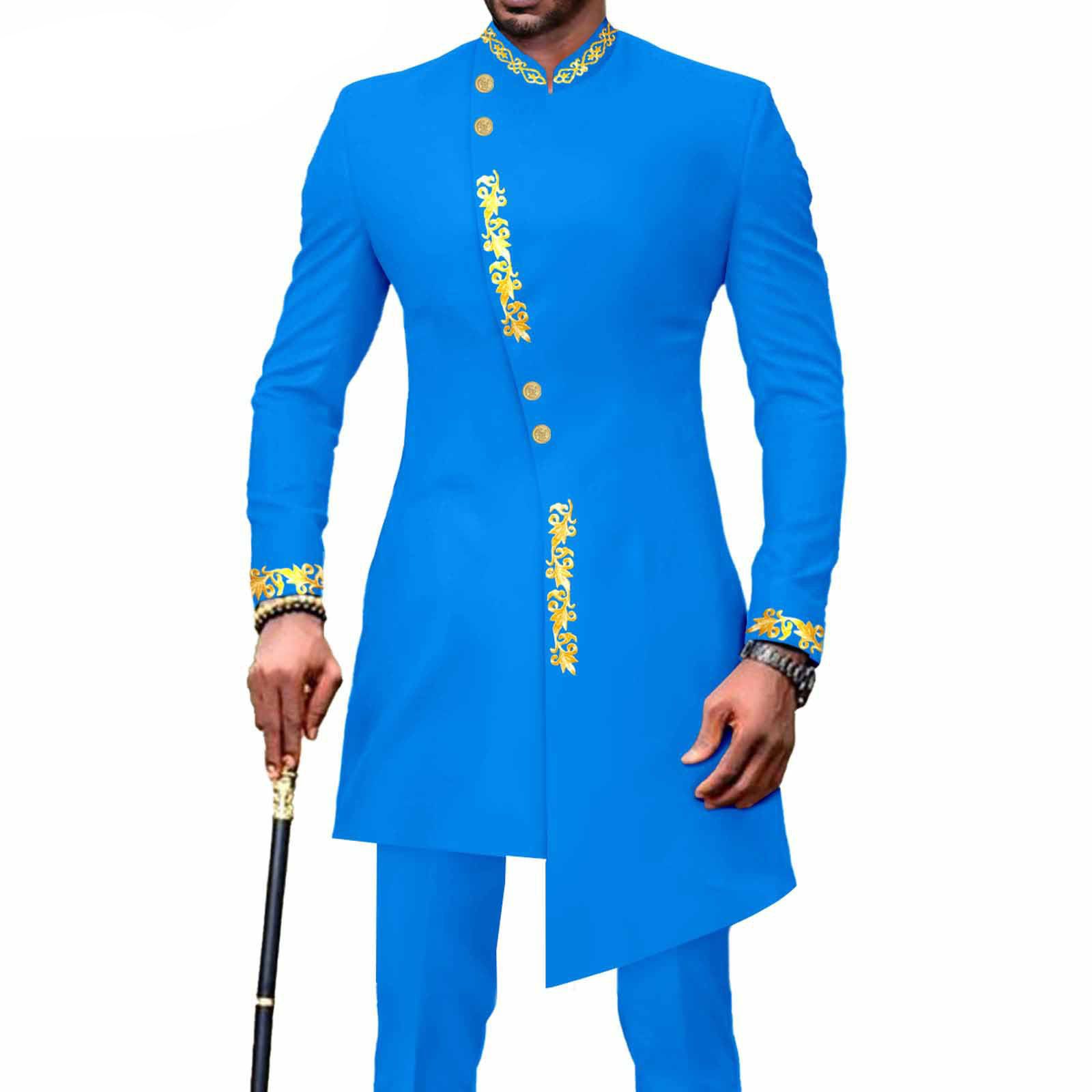 PRIVATE CUSTOM Men`s Bussiness Suit African Clothes Single Breasted Embroidery Print Blazer and Pants 2 Piece Set
