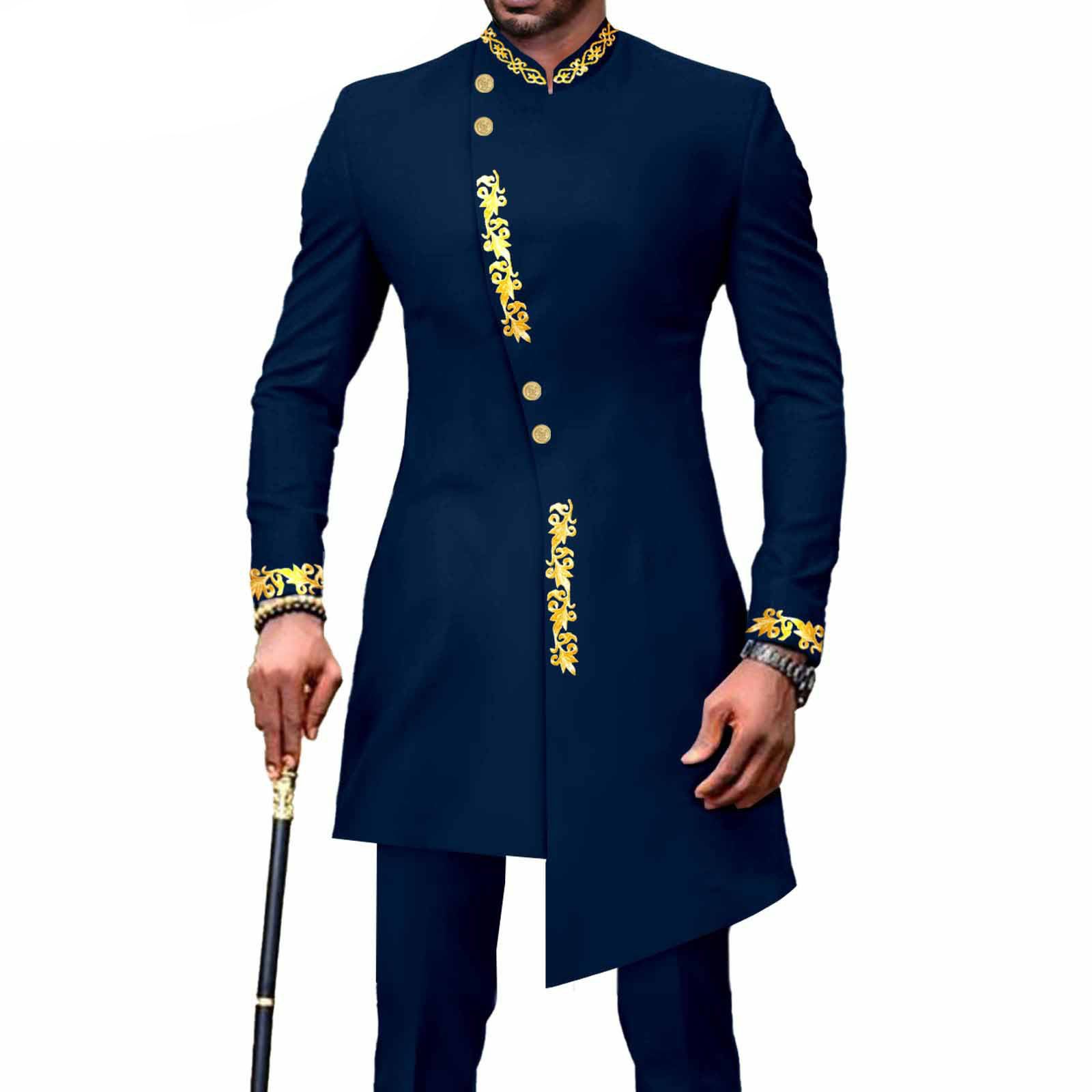 PRIVATE CUSTOM Men`s Bussiness Suit African Clothes Single Breasted Embroidery Print Blazer and Pants 2 Piece Set