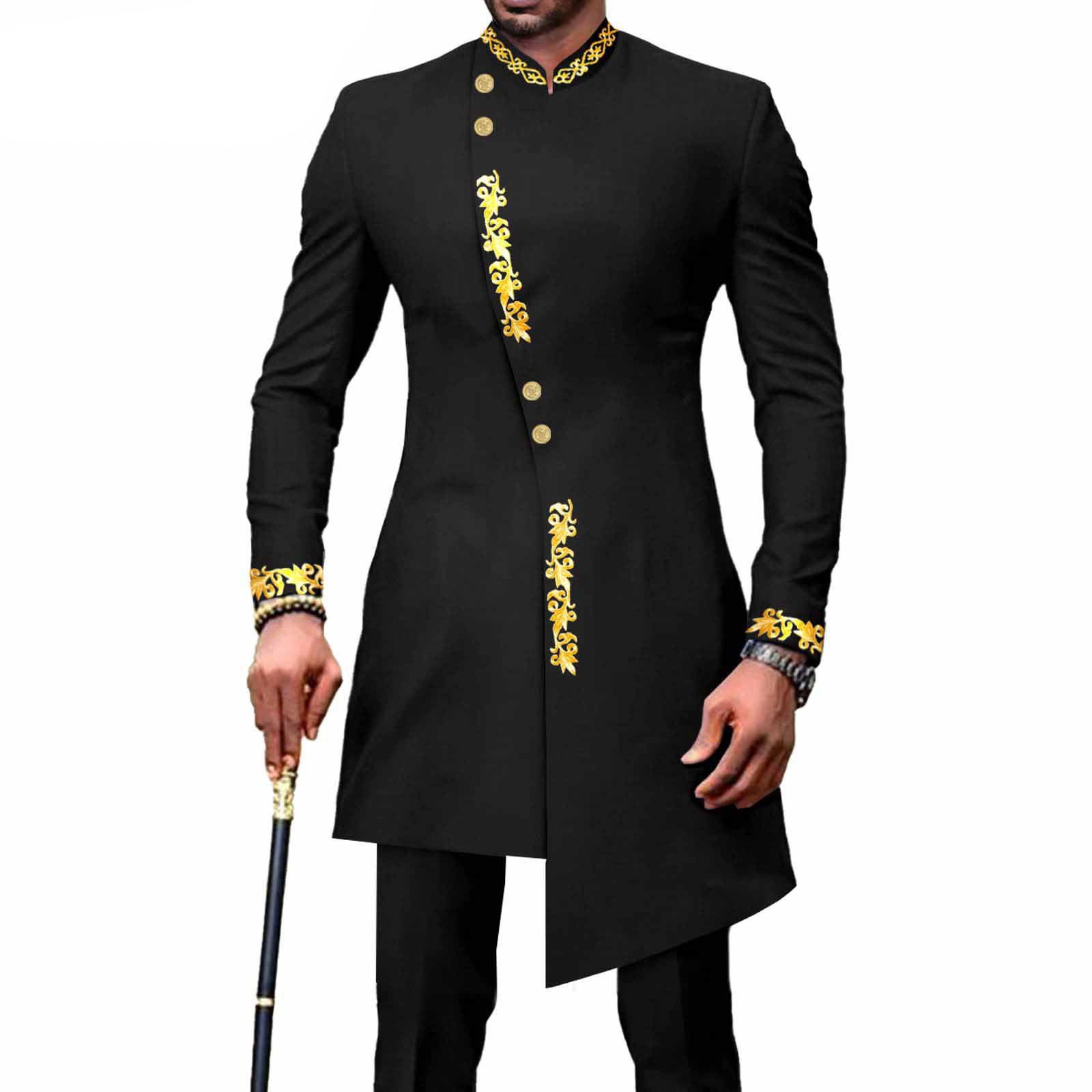 PRIVATE CUSTOM Men`s Bussiness Suit African Clothes Single Breasted Embroidery Print Blazer and Pants 2 Piece Set