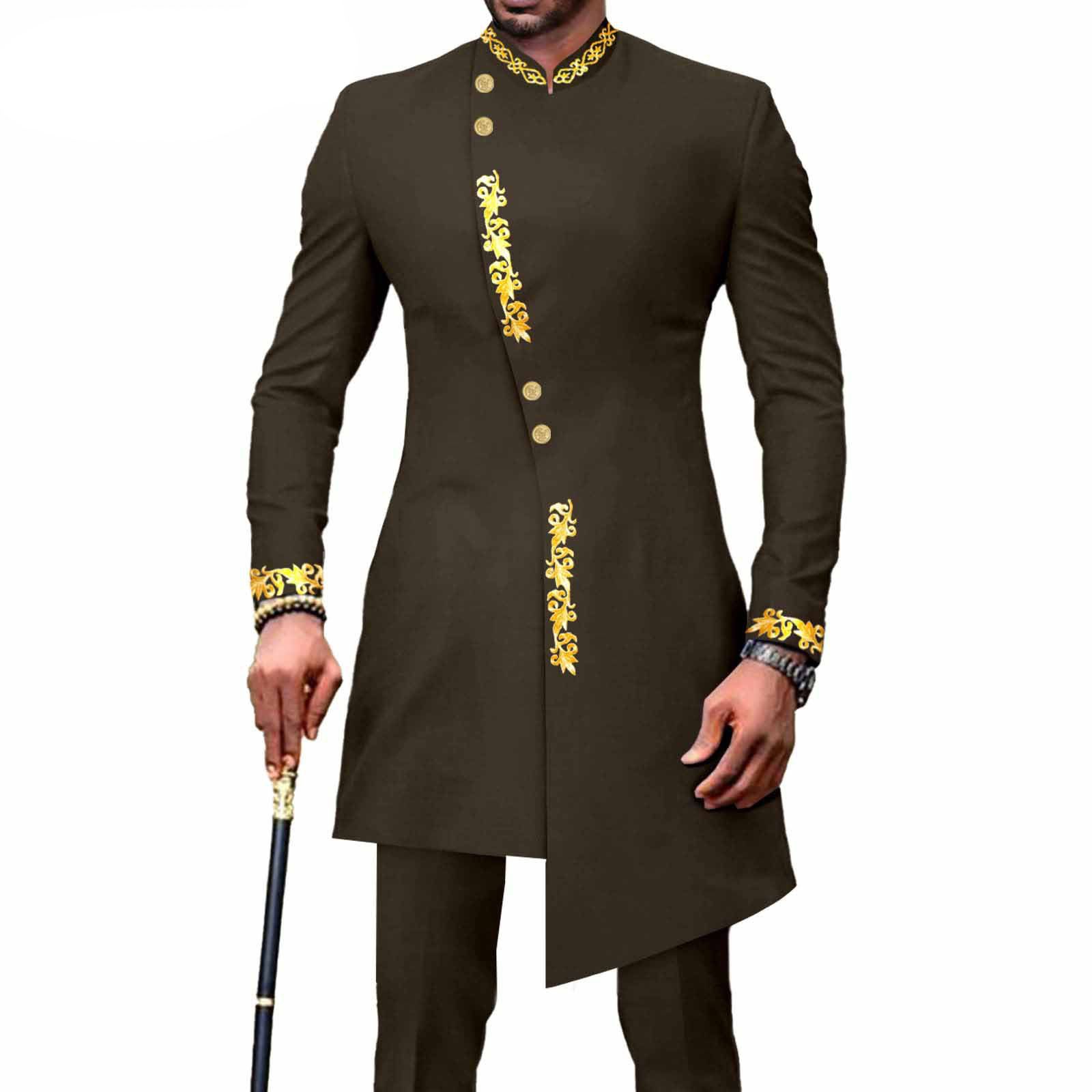 PRIVATE CUSTOM Men`s Bussiness Suit African Clothes Single Breasted Embroidery Print Blazer and Pants 2 Piece Set