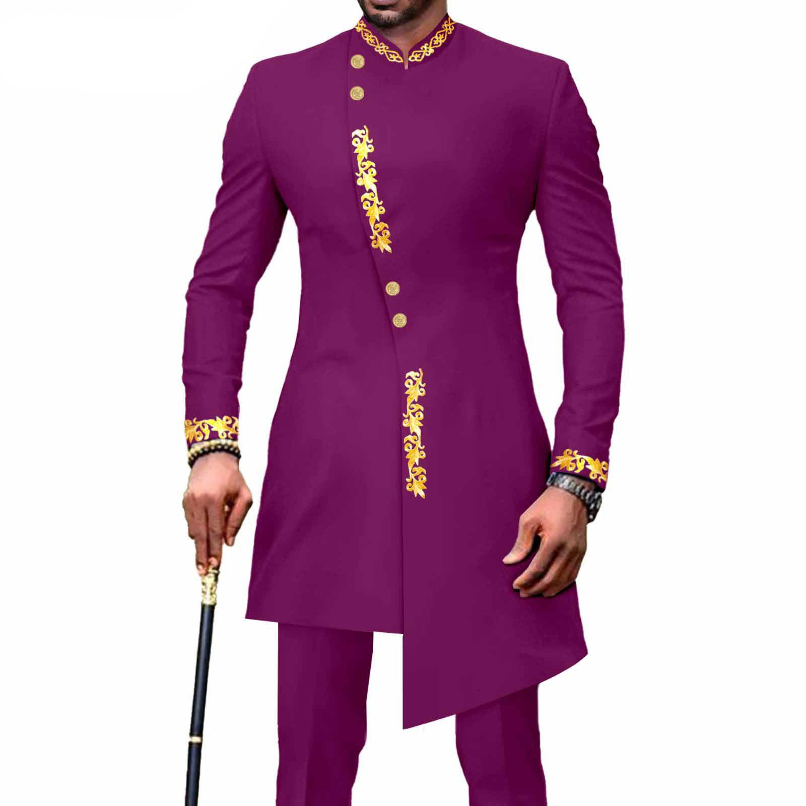 PRIVATE CUSTOM Men`s Bussiness Suit African Clothes Single Breasted Embroidery Print Blazer and Pants 2 Piece Set