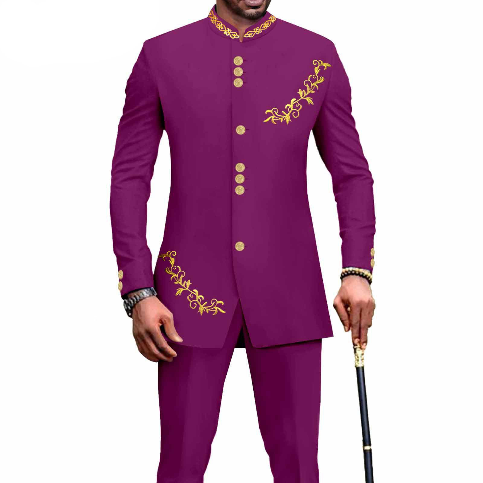Privat Custom Men`s Bussiness Suit Slim Fit Embroidery Single Breasted Print Blazer and Pants Outfits African Clothes