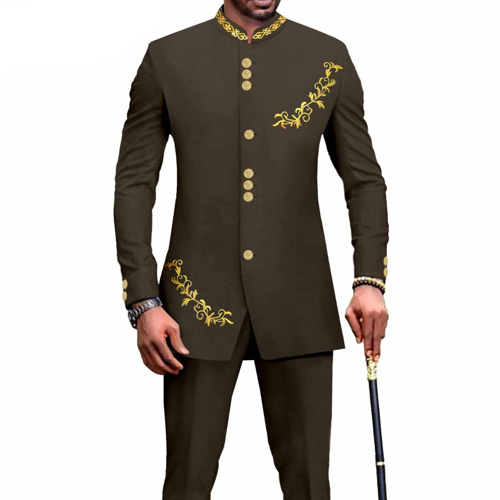 Privat Custom Men`s Bussiness Suit Slim Fit Embroidery Single Breasted Print Blazer and Pants Outfits African Clothes