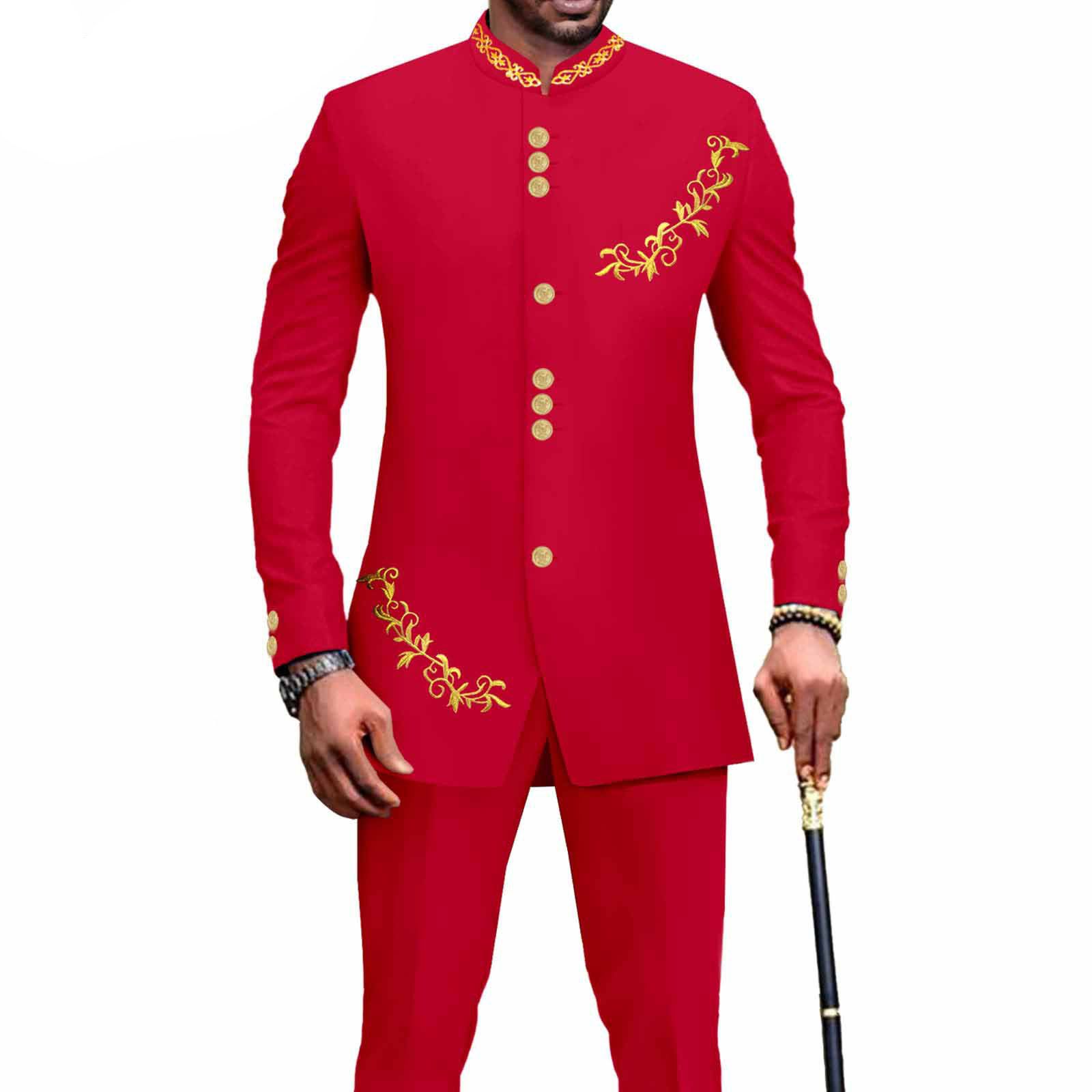 Privat Custom Men`s Bussiness Suit Slim Fit Embroidery Single Breasted Print Blazer and Pants Outfits African Clothes