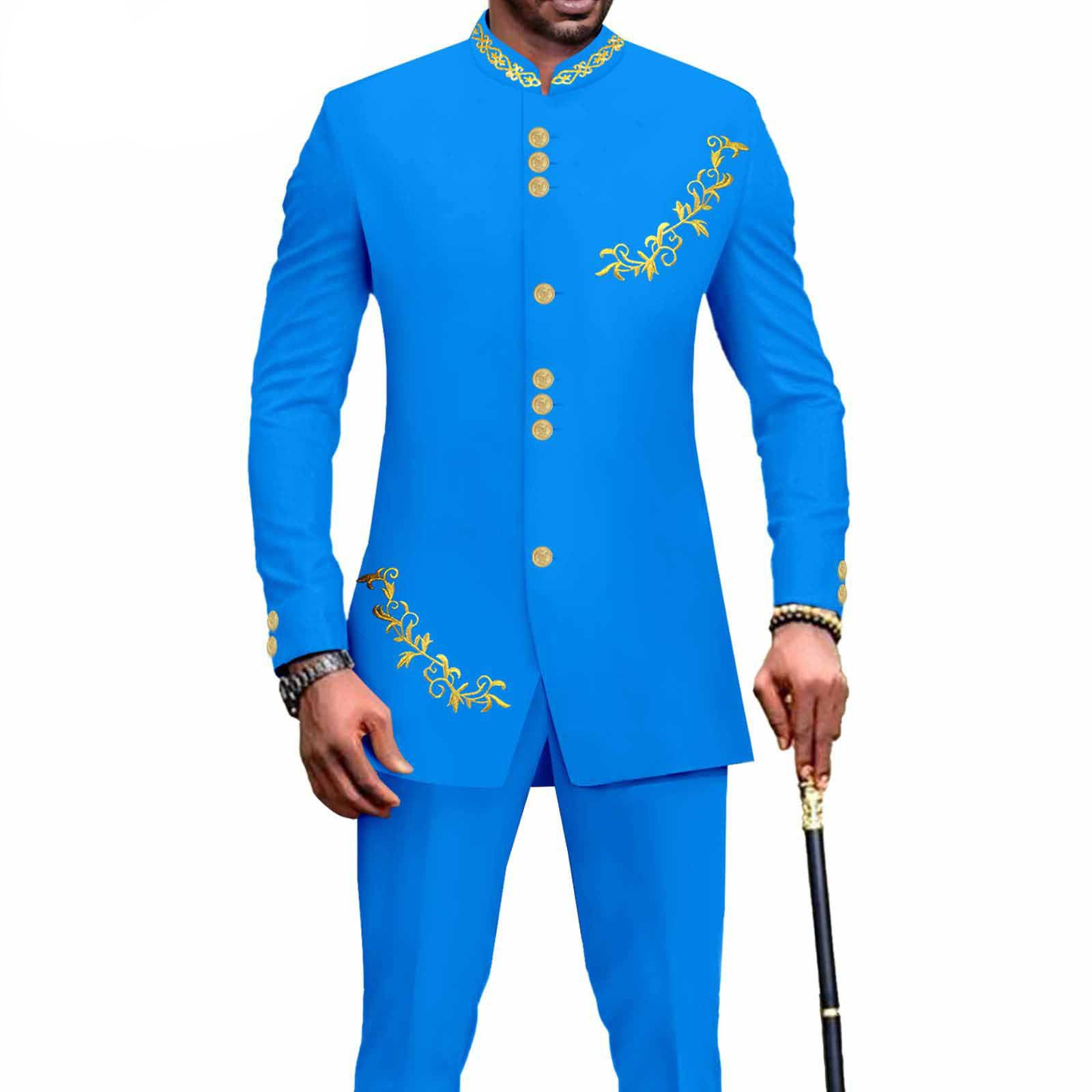 Privat Custom Men`s Bussiness Suit Slim Fit Embroidery Single Breasted Print Blazer and Pants Outfits African Clothes