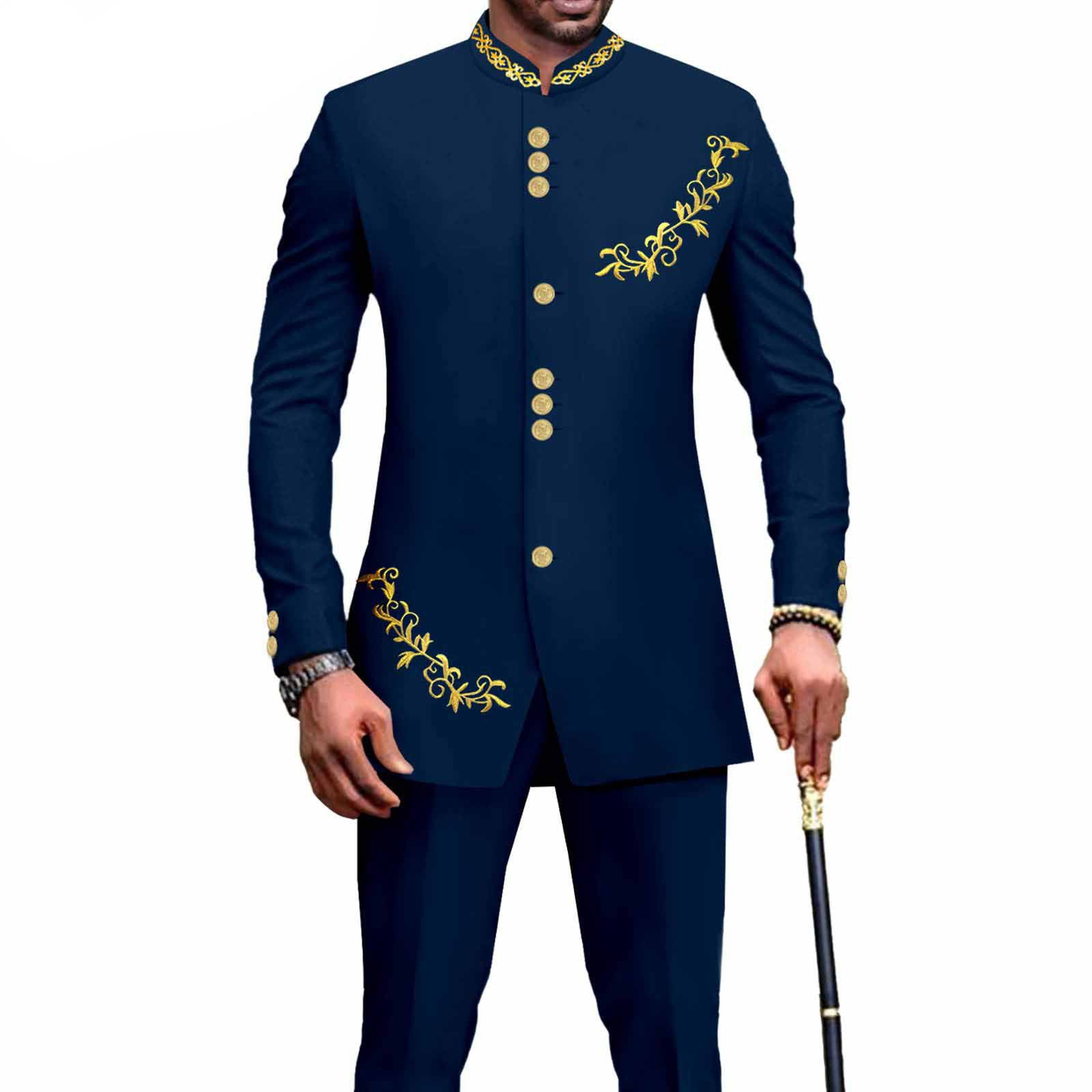 Privat Custom Men`s Bussiness Suit Slim Fit Embroidery Single Breasted Print Blazer and Pants Outfits African Clothes