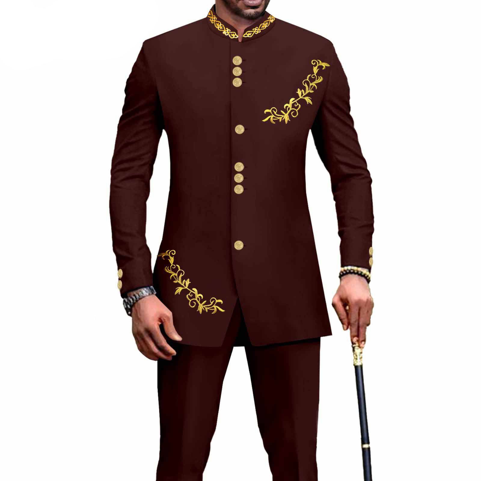 Privat Custom Men`s Bussiness Suit Slim Fit Embroidery Single Breasted Print Blazer and Pants Outfits African Clothes
