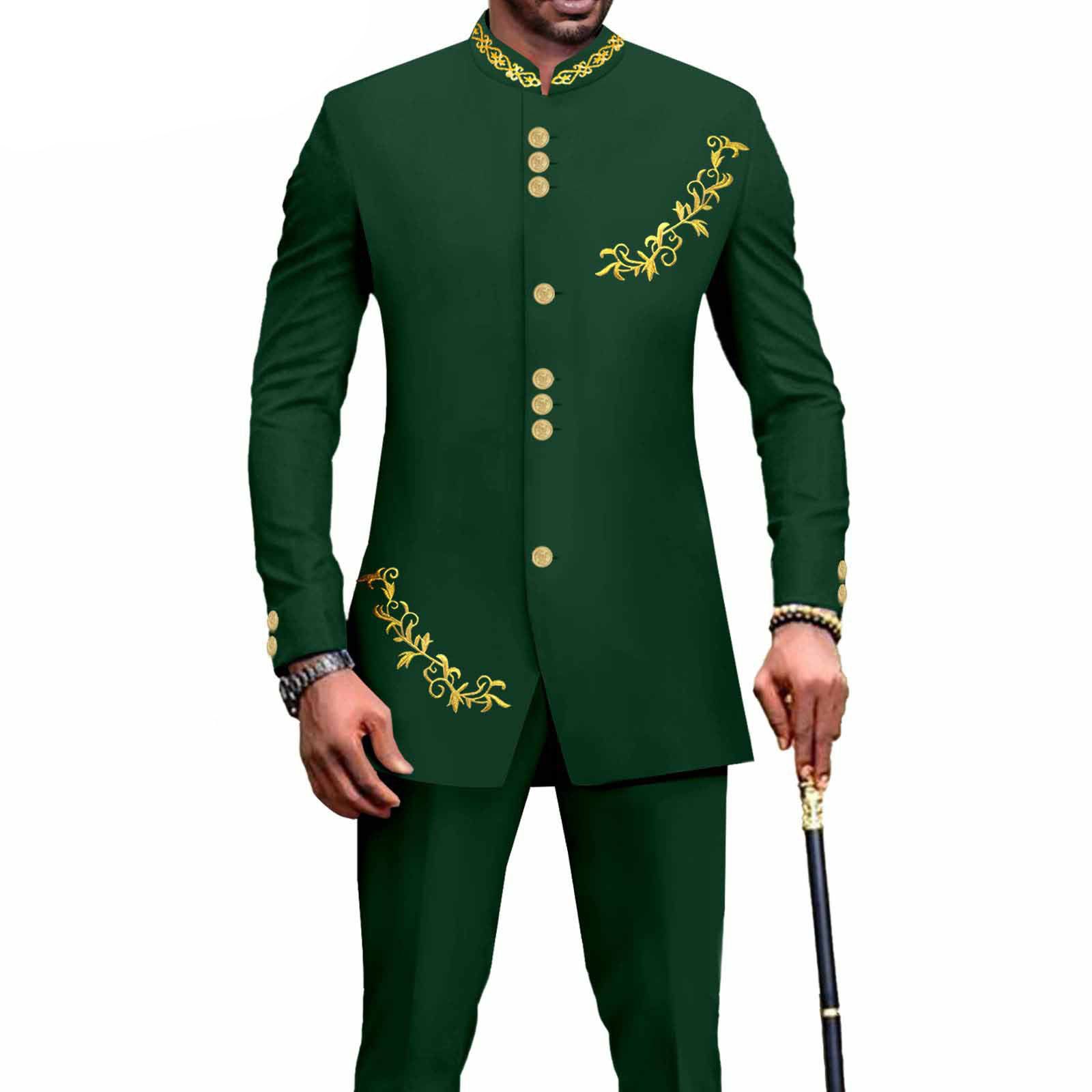 Privat Custom Men`s Bussiness Suit Slim Fit Embroidery Single Breasted Print Blazer and Pants Outfits African Clothes