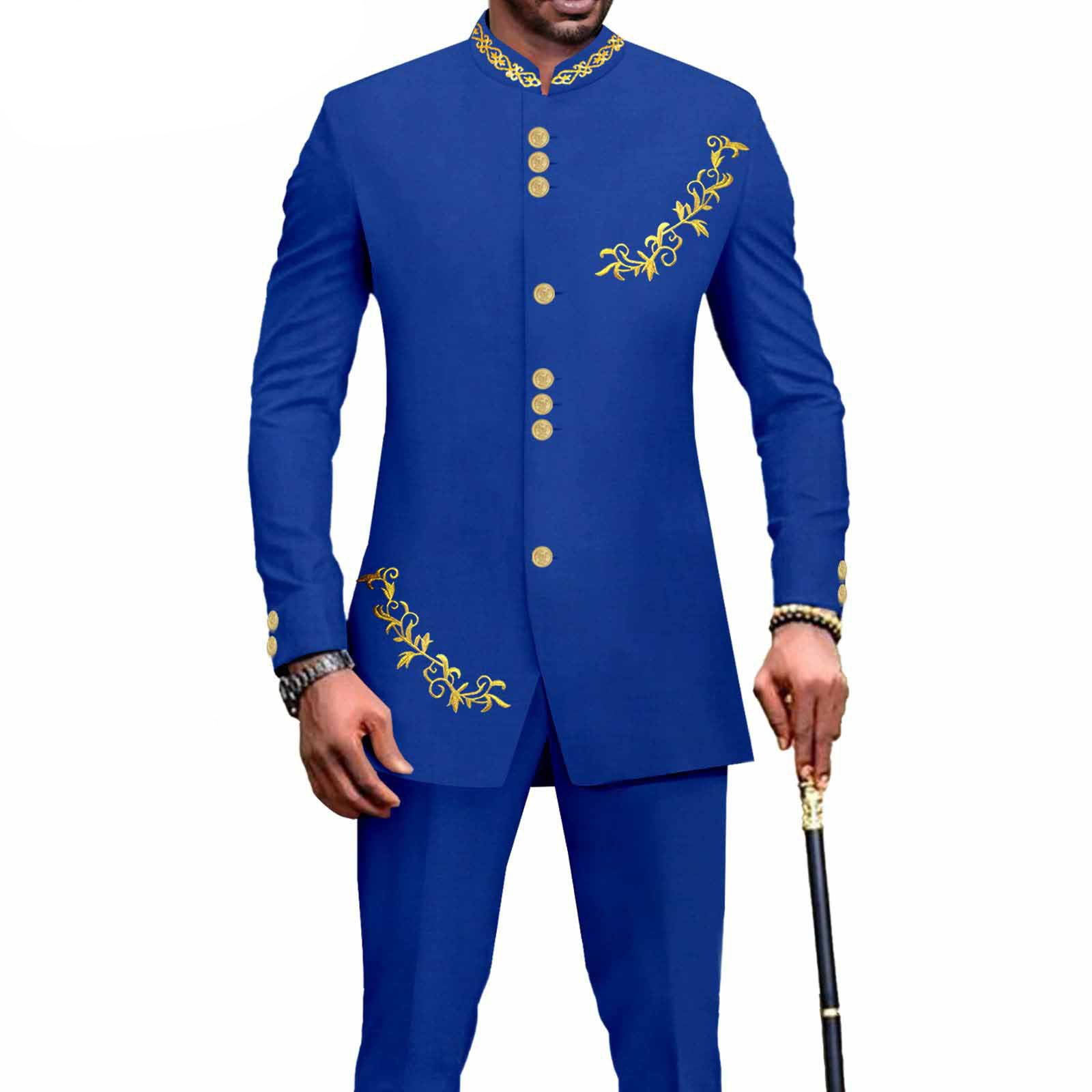 Privat Custom Men`s Bussiness Suit Slim Fit Embroidery Single Breasted Print Blazer and Pants Outfits African Clothes