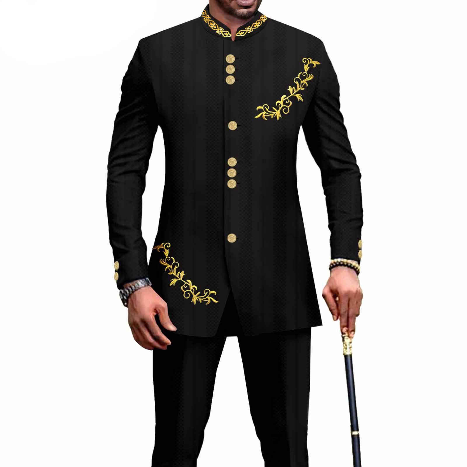 Privat Custom Men`s Bussiness Suit Slim Fit Embroidery Single Breasted Print Blazer and Pants Outfits African Clothes