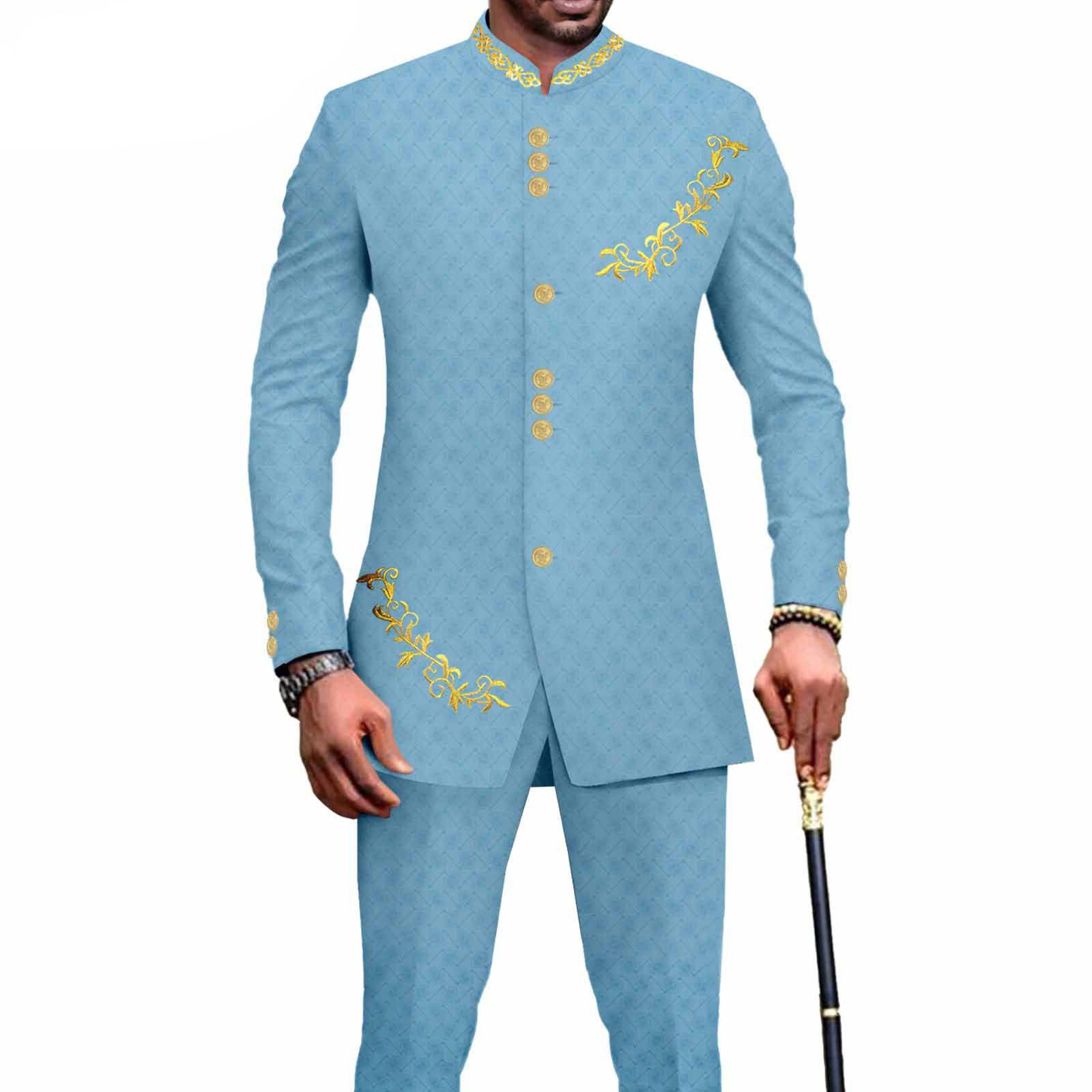 Privat Custom Men`s Bussiness Suit Slim Fit Embroidery Single Breasted Print Blazer and Pants Outfits African Clothes